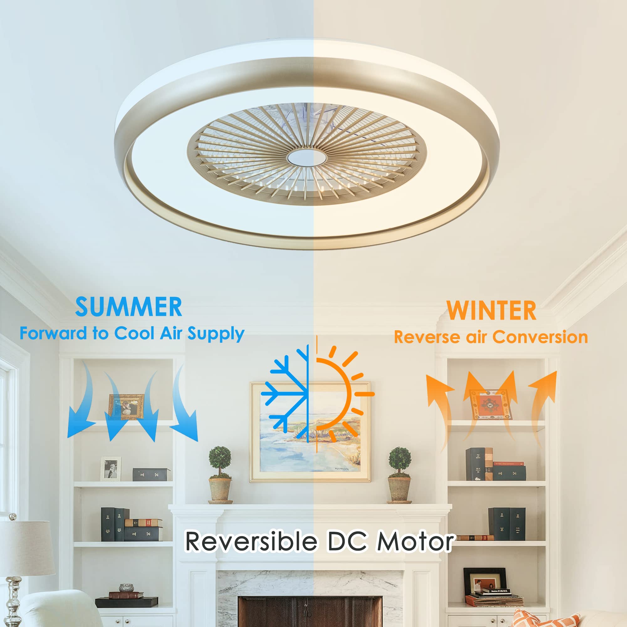 24" Bladeless Ceiling Fan with Light Remote, Smart LED Ceiling Fans with App Control, Modern Low Profile Dimmable Light Ceiling Fan for Bedroom Living Room Gold