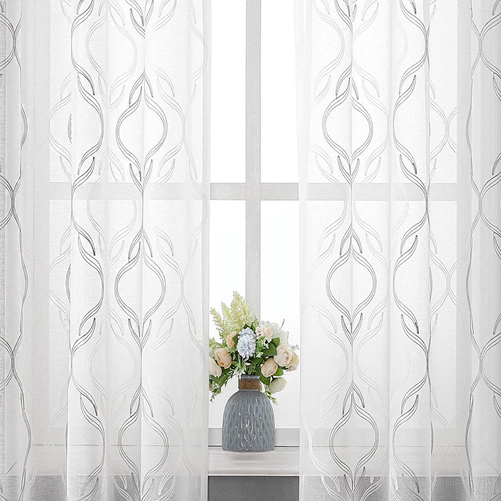VISIONTEX Sheer Curtains 63 Inches Long 2 Panels Set, Beige and Ivory Moroccan Embroidery Texture Geometric Rod Pocket White Voile Tulle Semi Window Treatment Pair for Bedroom, W54 x L63