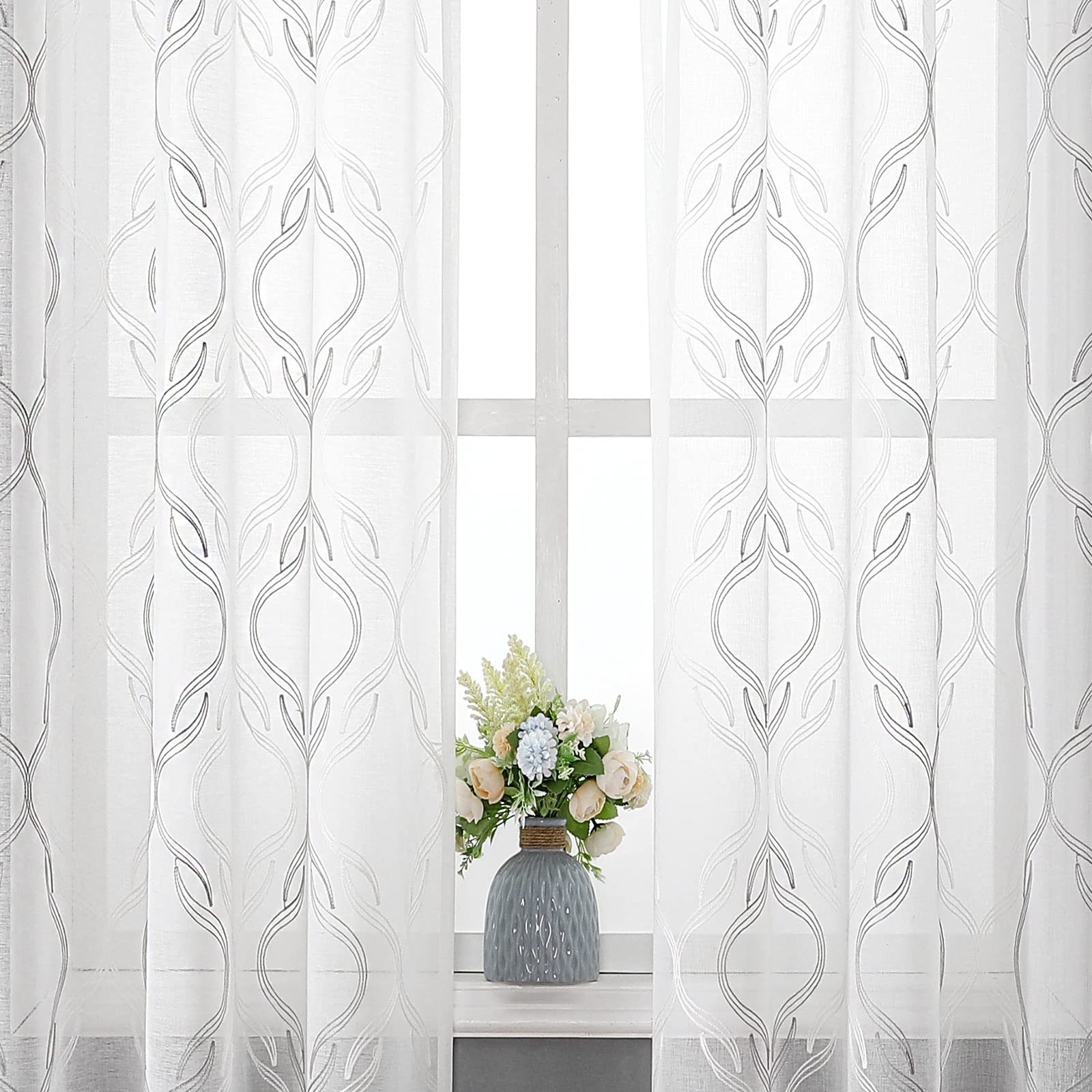 VISIONTEX Sheer Curtains 63 Inches Long 2 Panels Set, Beige and Ivory Moroccan Embroidery Texture Geometric Rod Pocket White Voile Tulle Semi Window Treatment Pair for Bedroom, W54 x L63