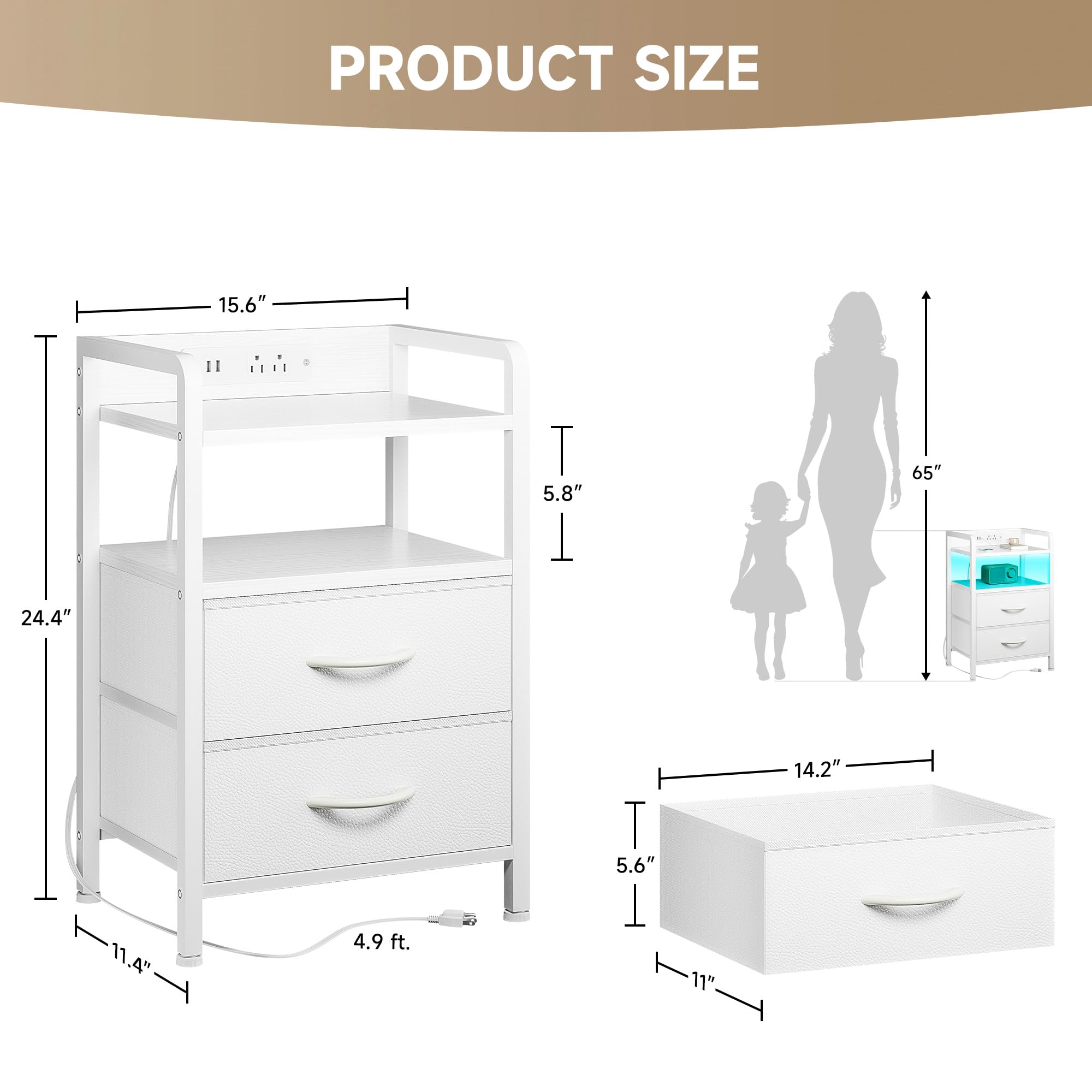 Lazzanto Night Stand Bedside Charger Bedroom - Nightstand with Charging Station & LED Light Strip, Night Stand with Storage Shelf & 2 Fabric Drawers, Morden End Table with U-S-B Ports & AC Outlets