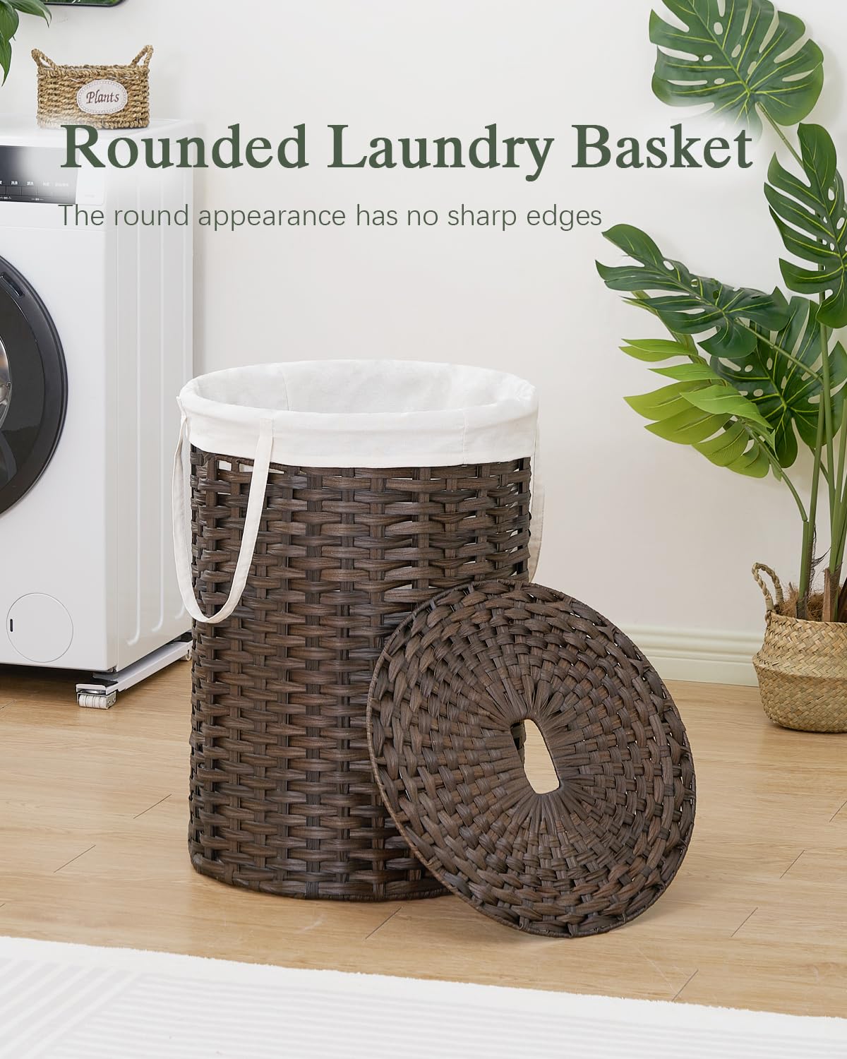 SETVSON Laundry Hamper with Lid Laundry Basket with Lid 19.0 Gal (72 L) Round Wicker Laundry Basket Handwoven Rattan Basket with Lid Removable Bag 2 Mesh Bags Handles for Living Room Bathroom Black