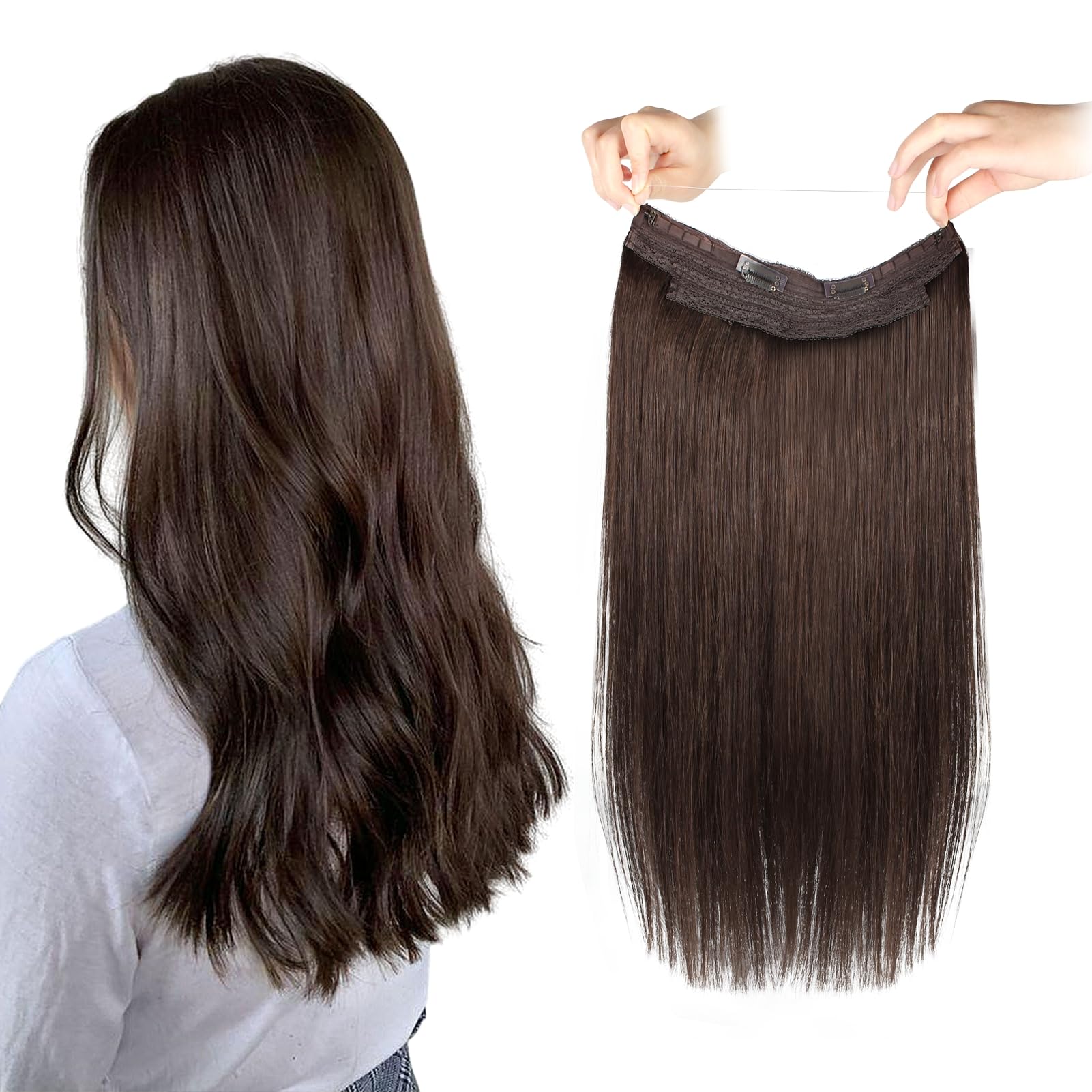 Sassina Invisible Wire Hair Extensions Real Human Hair with Transparent Wire Adjustable Size Secure Clips Natural Straight Secret Miracle Hairpiece, #1 Jet Black 12 Inch 70 Gram