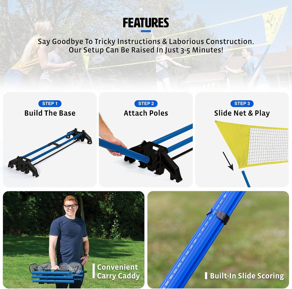 EastPoint Easy Setup Badminton Set - 15 ft Net, 4 Rackets, 2 Shuttlecocks - Quick Setup Net for Backyard Games - Steel Shaft Badminton Rackets for Family Games - Durable Shuttlecocks for Outdoors