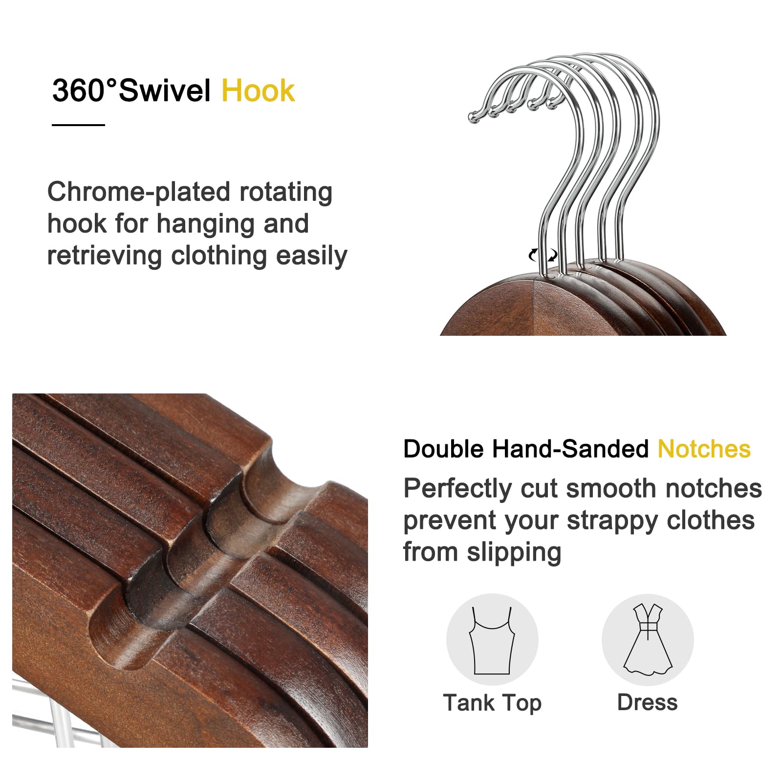 TOPIA HANGER Wooden Suit Hangers with Adjustable Metal Clips (10 Pack), Solid Wood Clothes Hangers, 360° Swivel Hook, Premium Retro Finish Pants Hangers for Clothes Coat, Jeans, Blouse-CT28A