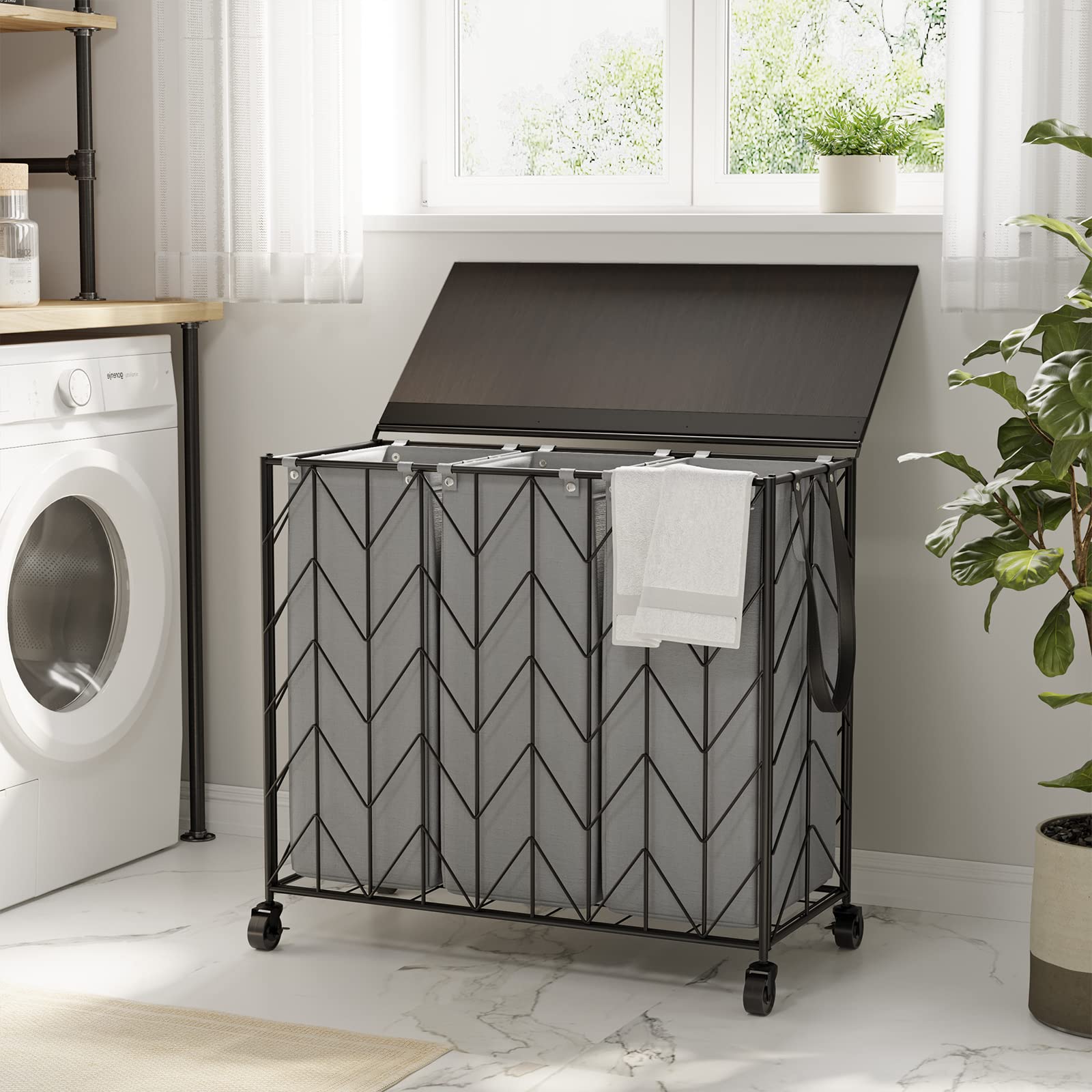WOWLIVE Laundry Basket with Wheels, Heavy Duty Laundry Hamper with Wood Lid, Clothes Hamper with Divided Removable Liner Bag, Large Capacity Iron-Made Laundry Sorter Laundry Room Organization (Beige)