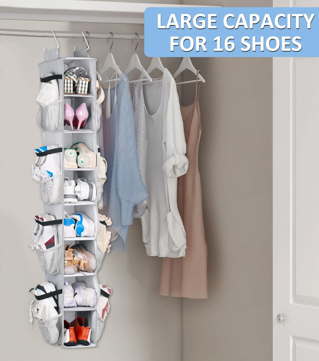 SLEEPING LAMB Short Hanging Shoe Organizer for Closet Storage with Mesh Side Pockets Holds 8 Pairs, Hanging Shoe Rack Hanger RV, Camper, Black
