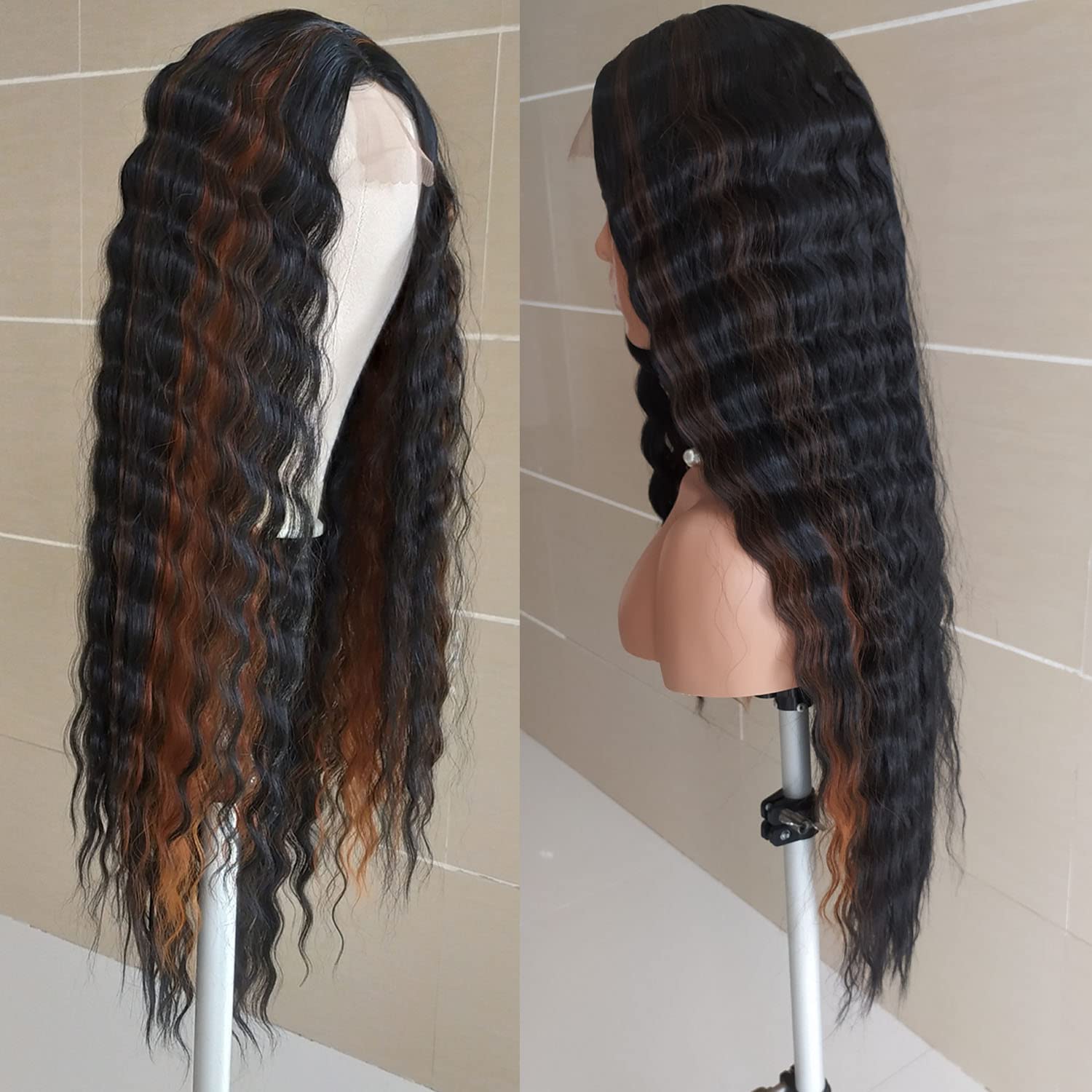 INSTASTYLE 30 Inch Synthetic Curly Wigs for Women Long Black Hair Wig Lace Front 4" Simulated Scalp Natural Loose Deep Wave Crimps Curls Wig As Hair Replacement Wigs 1B