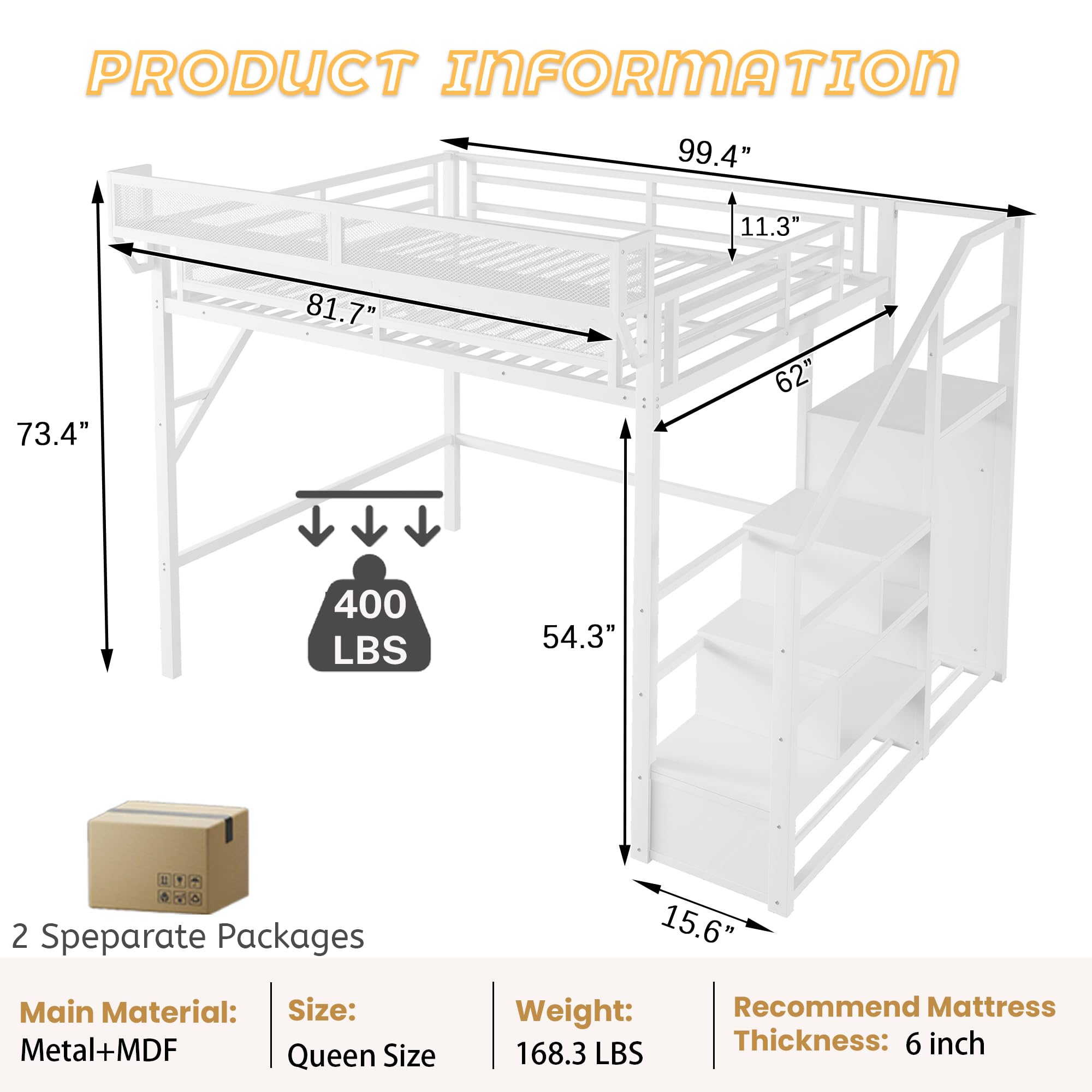 Mirightone Full Size Loft Bed with Stairs, Metal Loft Beds, High Loft Bed Frame with Storage Shelves, Lofted Full Bed with Wardrobe for Kids and Teens, No Box Spring Needed (Black)