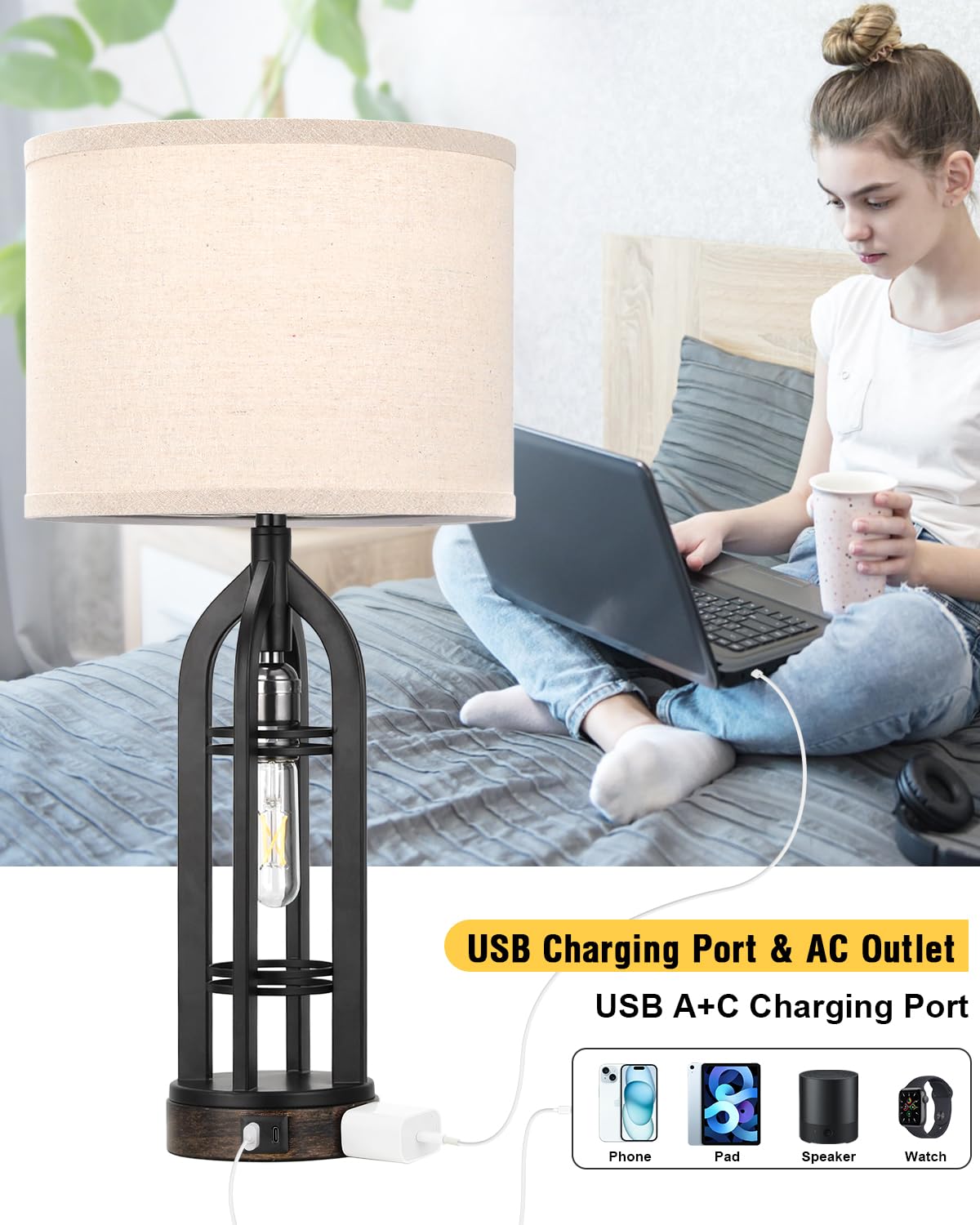 Seealle Table Lamp for Living Room Set of 2 - Wood-Like Bedside Lamp for Bedroom with USB C+A & Outlet, Farmhouse Lamps for Night Stands, 3-Way Dimmable Touch Lamps for Living Room