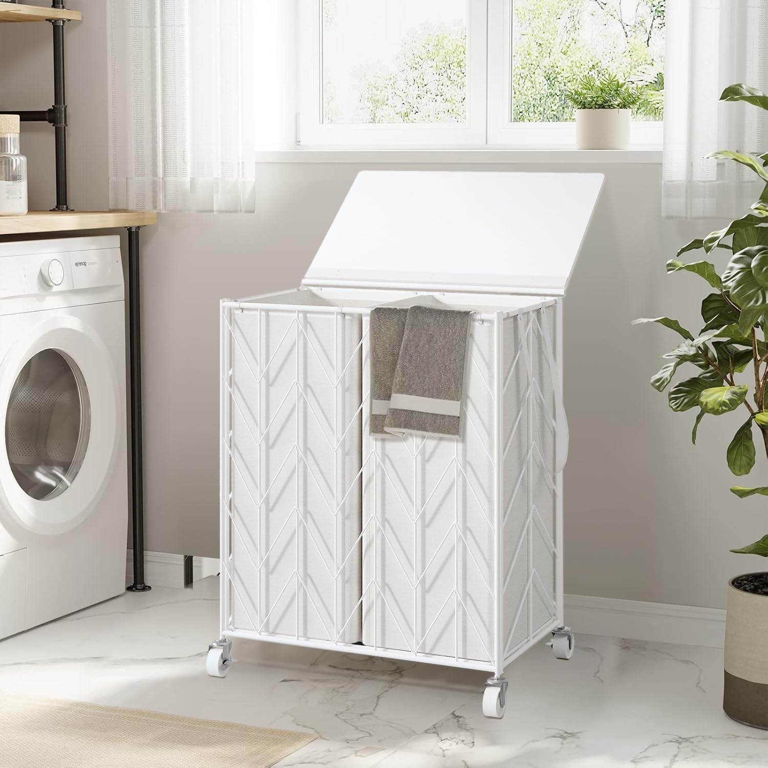 WOWLIVE Laundry Basket with Wheels, Heavy Duty Laundry Hamper with Wood Lid, Clothes Hamper with Divided Removable Liner Bag, Large Capacity Iron-Made Laundry Sorter Laundry Room Organization (Beige)