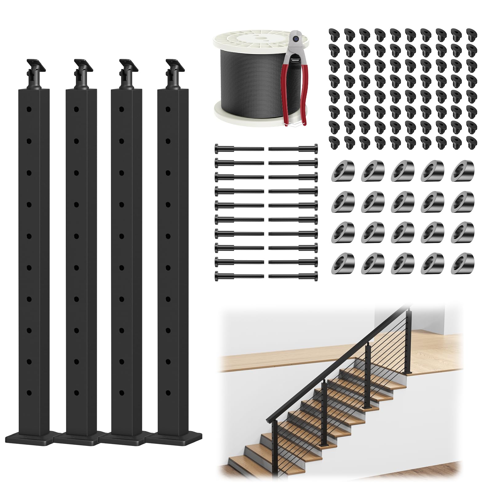 BLIKA 36" Cable Railing Corner Post, 304 Stainless Steel, 2-Side Drilled Adjustable Top Corner Post, Surface Mount Matte Black Cable Railing System Corner Post