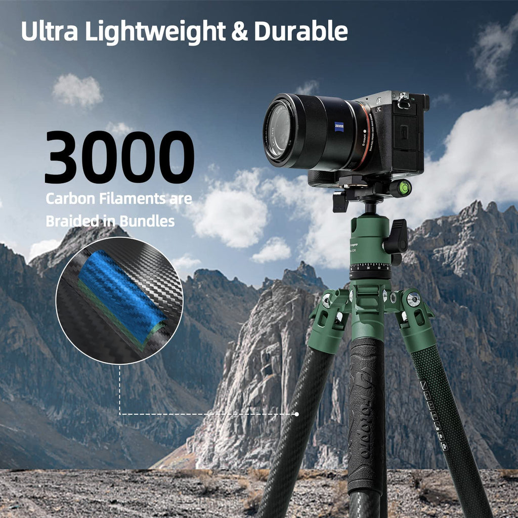 Fotopro 60" Camera Tripod, Carbon Fiber Travel Tripod with 360° Ball Head, Ultralight 2.1lbs, 22lbs Load, Quick Lock, Folds to 14.3" Carry-On, for DSLR Mirrorless Cameras, X-Aircross 3 Blue