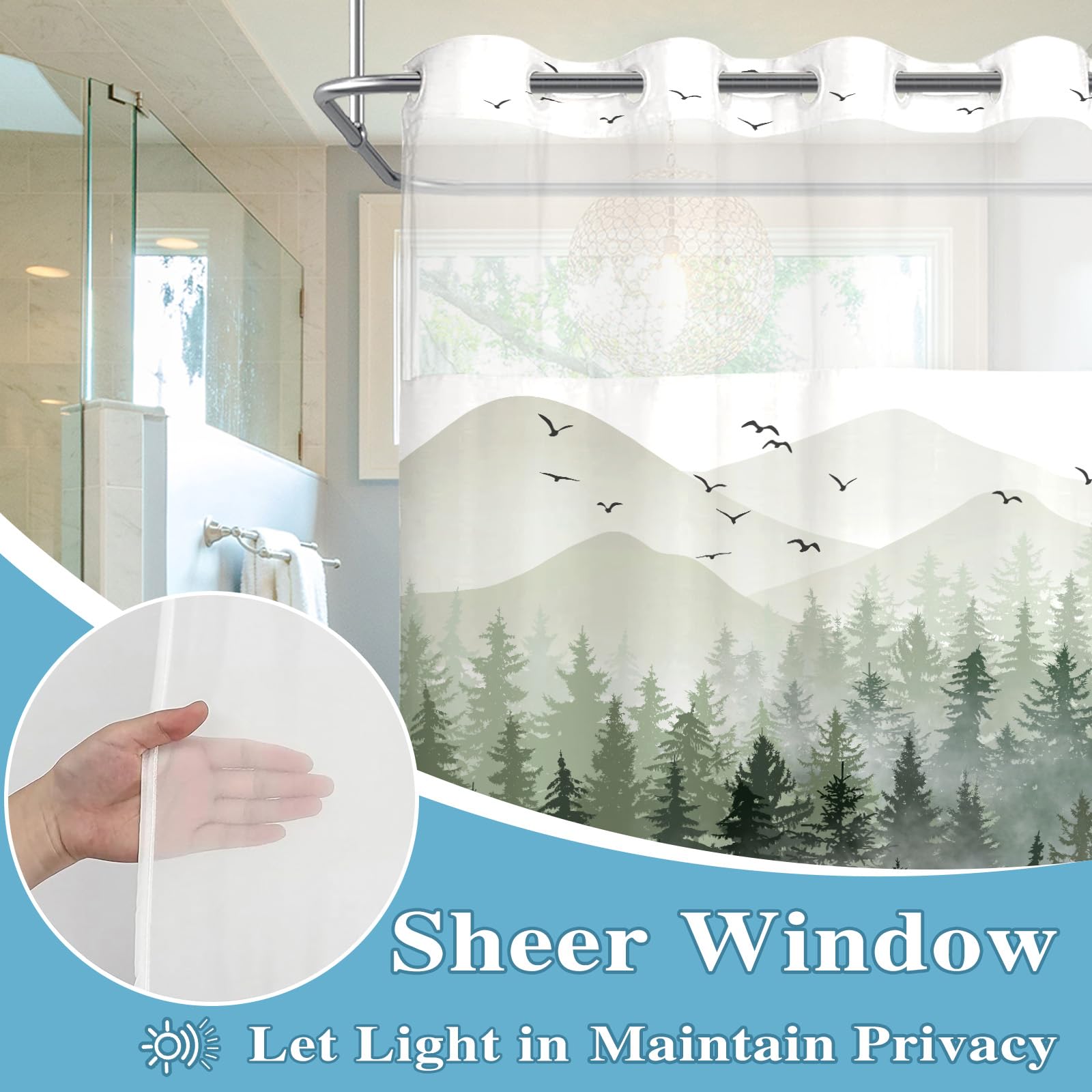 Stall Small Black and White Misty Forest Shower Curtain Ombre Gray Grey Mountain Pine Tree Waterproof Fabric Shower Curtains for Bathroom Nature Woodland Decorative Bath Curtain Decor 36×72 Inches