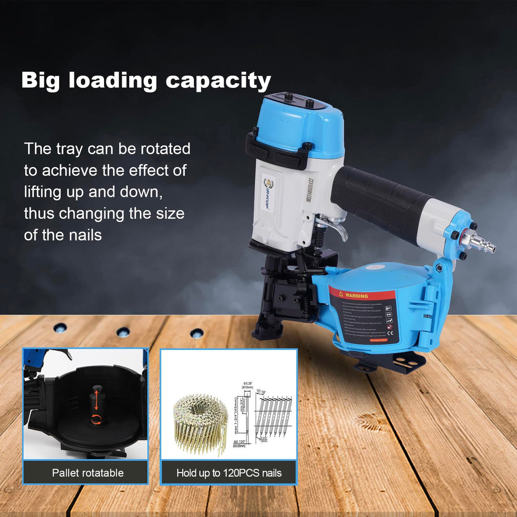 Honduras Style Roofing Nail Gun, 15 Degree CN45N Roofing Nailer 3/4-Inch to 1-3/4-Inch Coil Nails, 120-pcs Load Capacity Coil Nailer