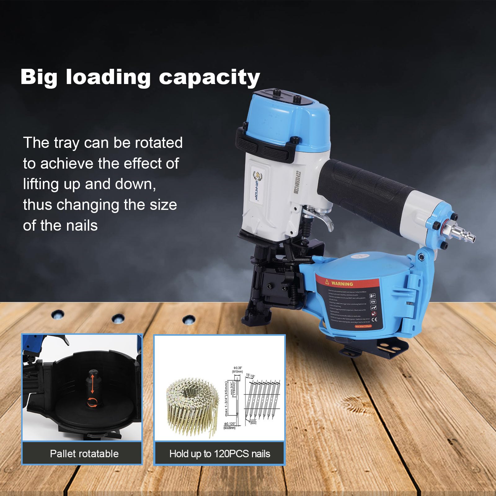 Honduras Style Roofing Nail Gun, 15 Degree CN45N Roofing Nailer 3/4-Inch to 1-3/4-Inch Coil Nails, 120-pcs Load Capacity Coil Nailer