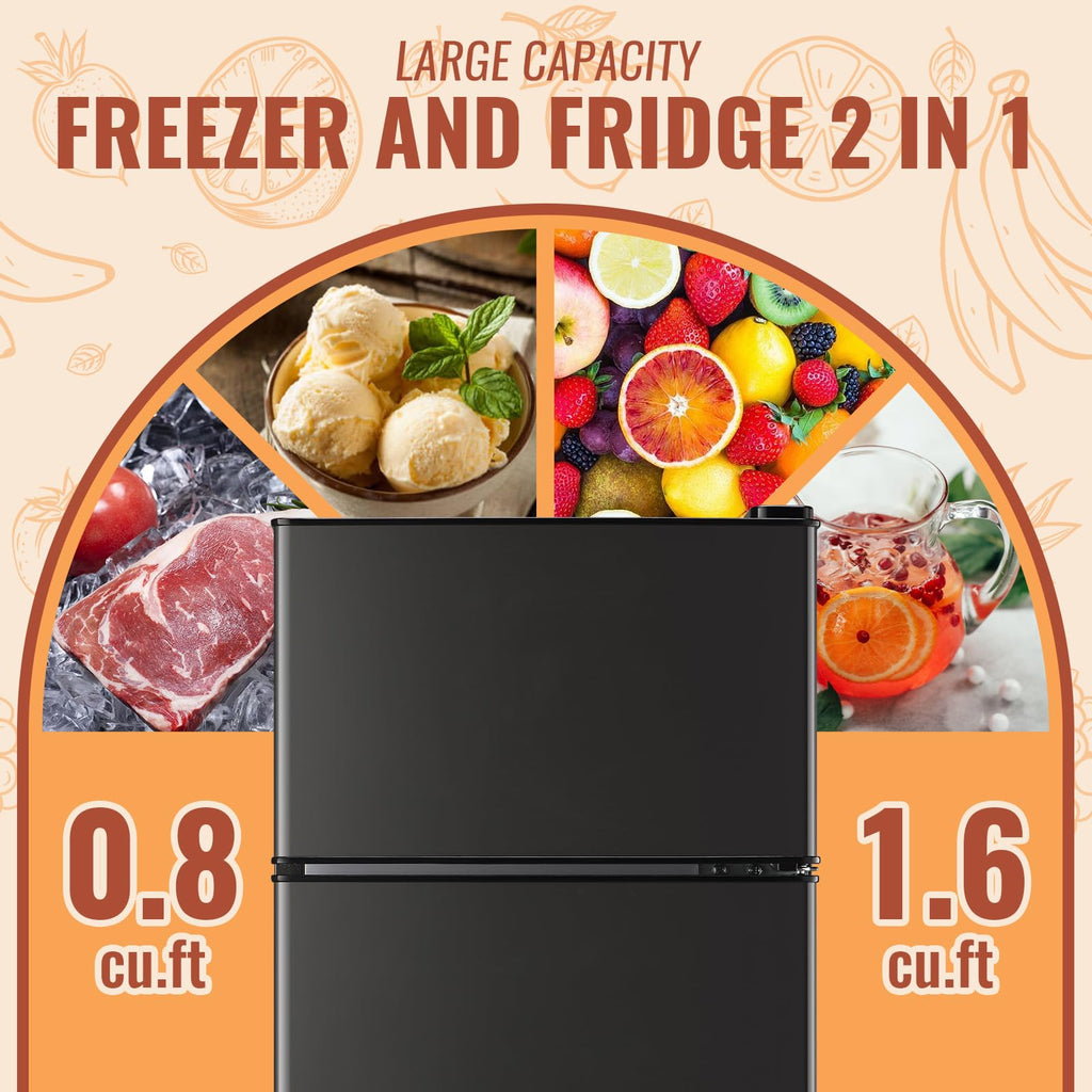 DEMULLER Mini Fridge with Double Doors Small Refrigerator with Separate Freezer & 7 Adjustable Temperature Control, Tiny Size & Personal Fridge Ideal for Office Apartment Dorm Black