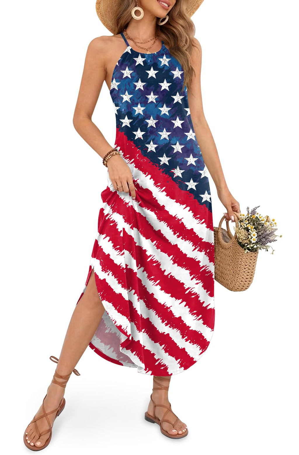For G and PL Women's Summer Casual Halter Side Slit Maxi Beach Dress Resort Vacation Cruise Wear Sundress