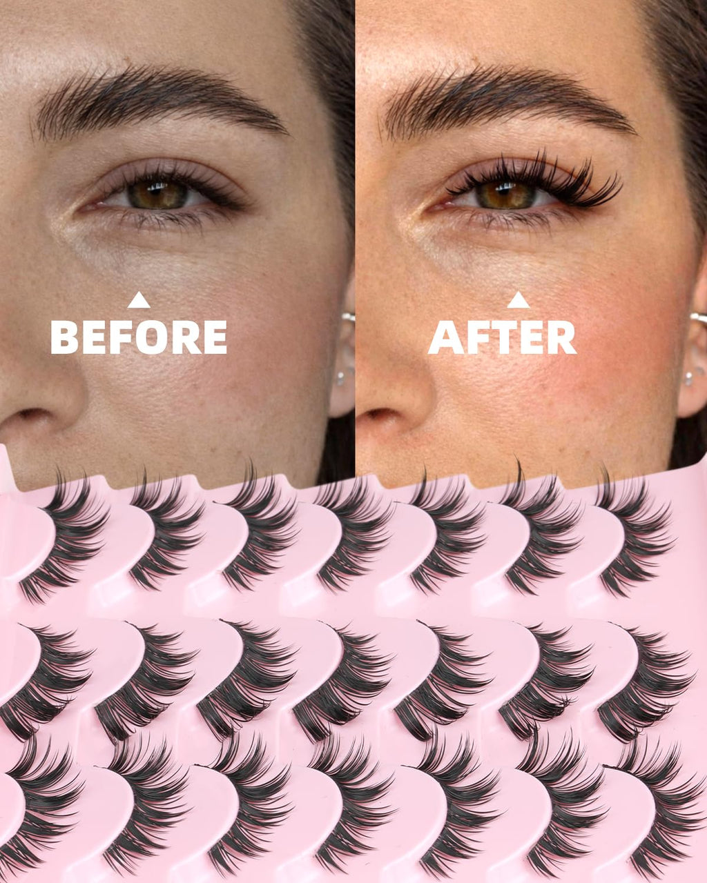 False Lashes Natural Look Wispy Eyelashes Manga Korean Spiky 16mm Short Faux Mink Eyelashes Cat Eye Natural Fake Eyelashes Strip Lashes Pack 14 Pairs