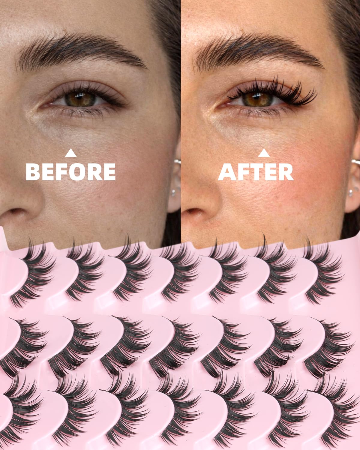 False Lashes Natural Look Wispy Eyelashes Manga Korean Spiky 16mm Short Faux Mink Eyelashes Cat Eye Natural Fake Eyelashes Strip Lashes Pack 14 Pairs