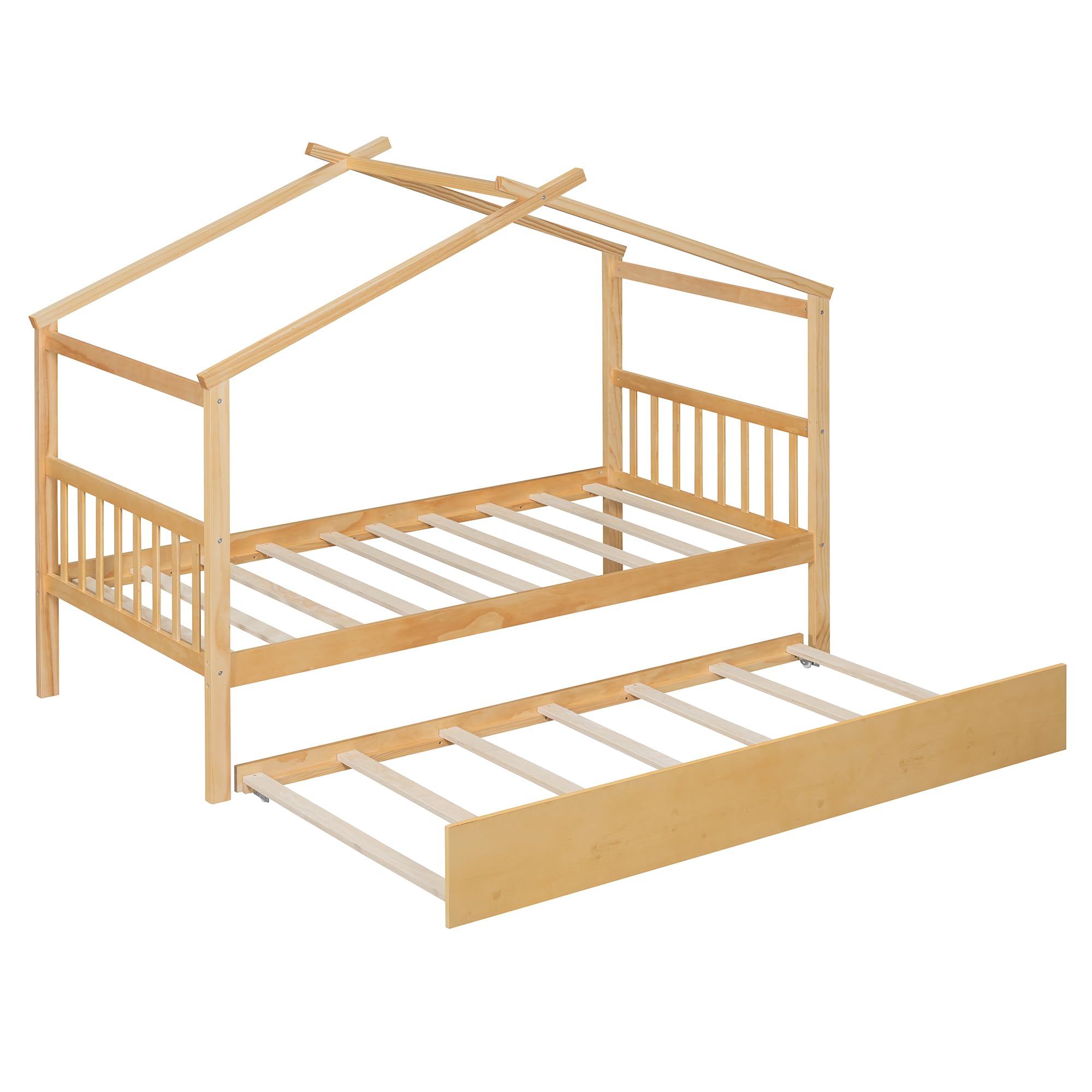 Merax Twin Size Wooden House Bed with Two Drawers, Wood Bed Frame with Roof for Kids, Teens, Boys or Girls, Grey