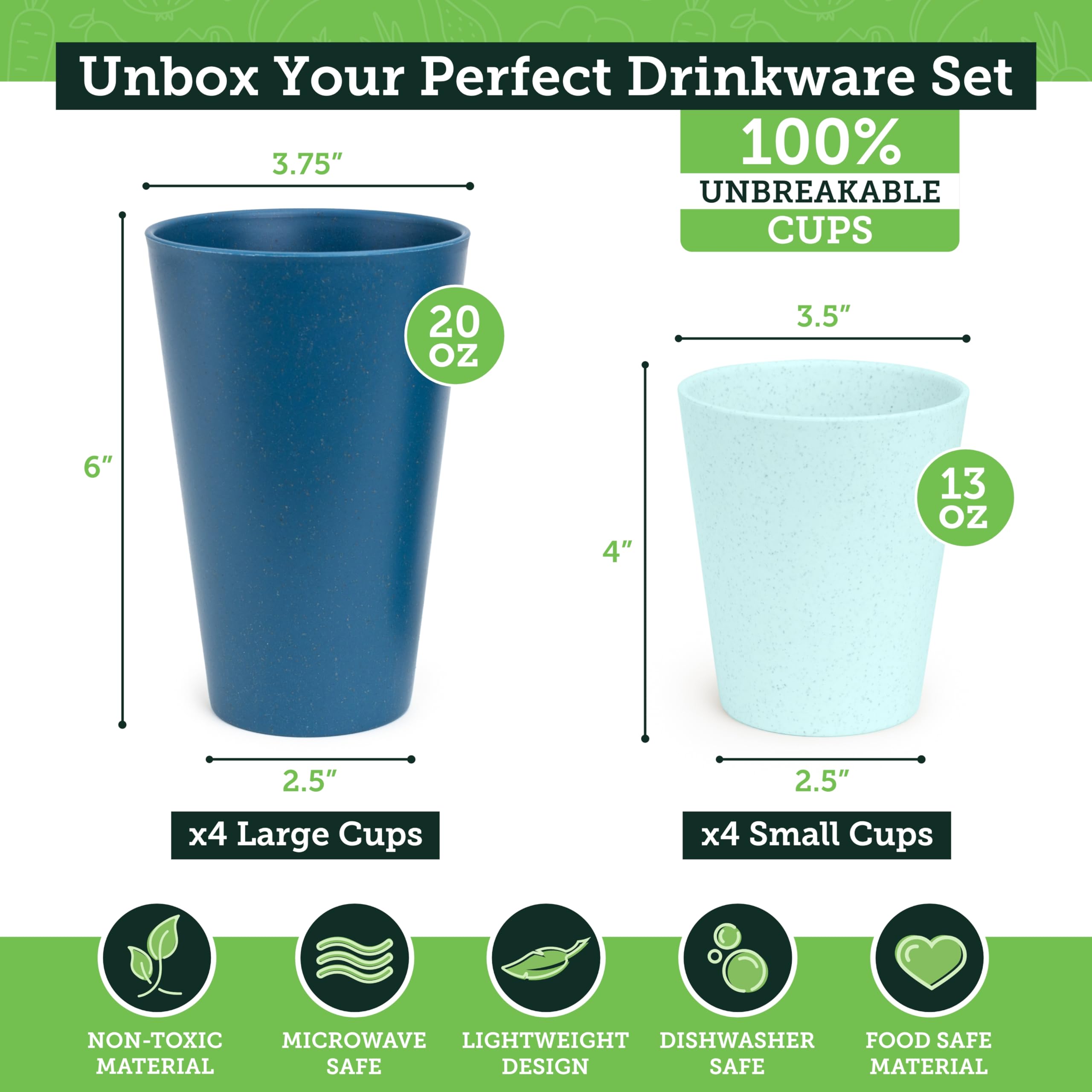 Grow Forward Premium Wheat Straw Cups - 13 & 20 oz Unbreakable BPA Free Hard Plastic Cups - Reusable Lightweight Plastic Drinking Glasses for Kitchen, Outdoor, Water, Camping, RV - Midnight