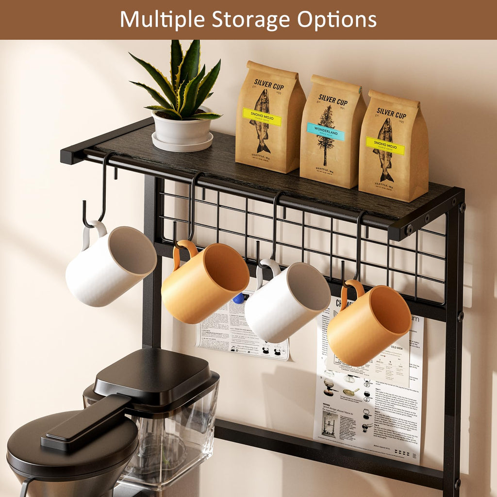 5 Tier Coffee Bar Station, Kitchen Stand with 4 S-Shaped Hooks, Farmhouse Corner Coffee Bar Cabinet for Small Spaces, Bakers Rack for Kitchen, Entryway, Living Room, 13.43"D x 18.93"W x 53.31"H