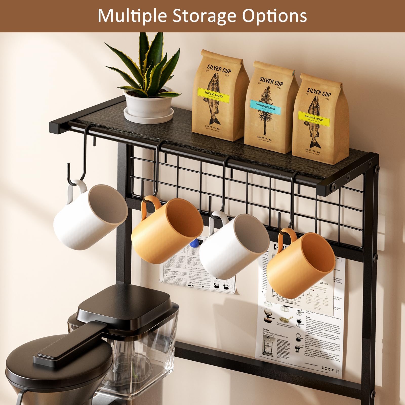 5 Tier Coffee Bar Station, Kitchen Stand with 4 S-Shaped Hooks, Farmhouse Corner Coffee Bar Cabinet for Small Spaces, Bakers Rack for Kitchen, Entryway, Living Room, 13.43"D x 18.93"W x 53.31"H