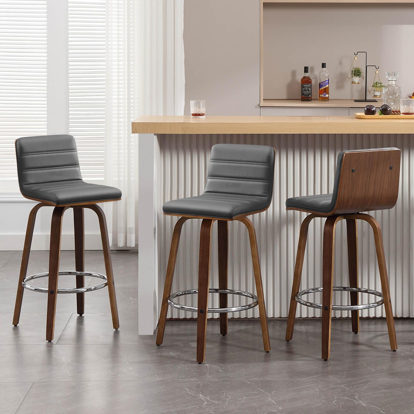 Bar Stools 29 Inch Bar Height, Swivel Bar Stools with Backs Upholstered PU Leather Barstool, L Shape Back and Padded Seat, Mid-Century Modern Bar Stool Pub Chairs for Kitchen Counter Island, Black