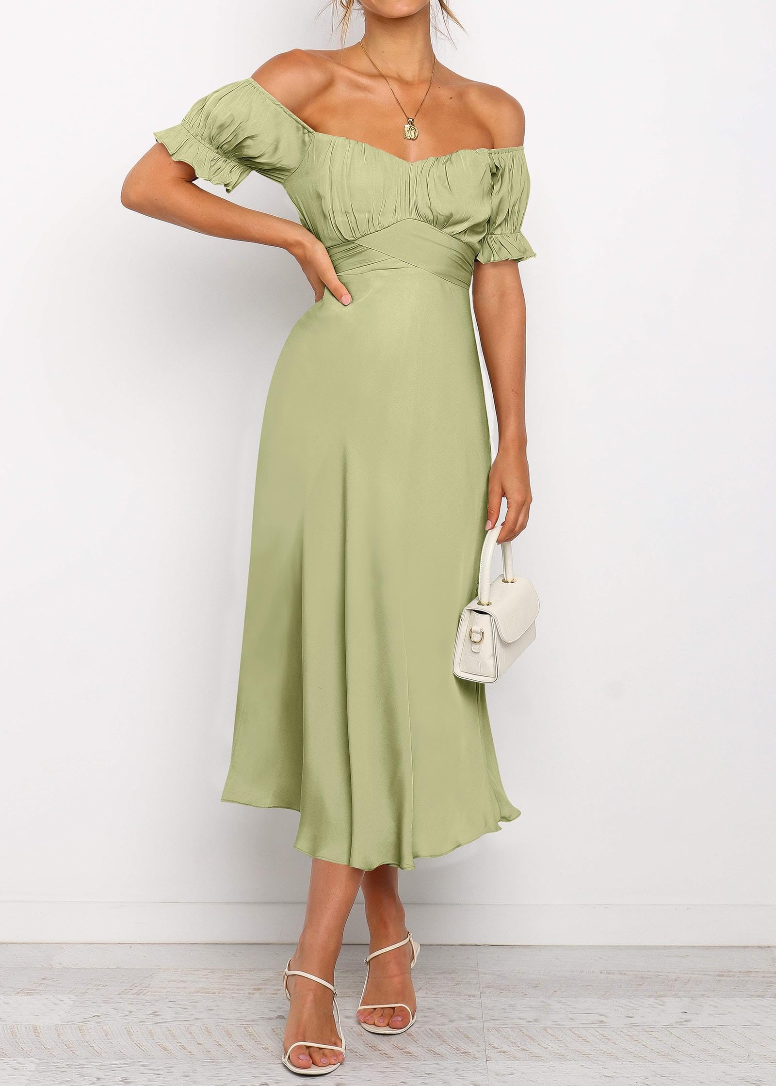 KIRUNDO Women's 2026 Spring Summer Satin Wedding Guest Midi Dress Off The Shoulder Wrap Party Cocktail Formal Prom Dresses