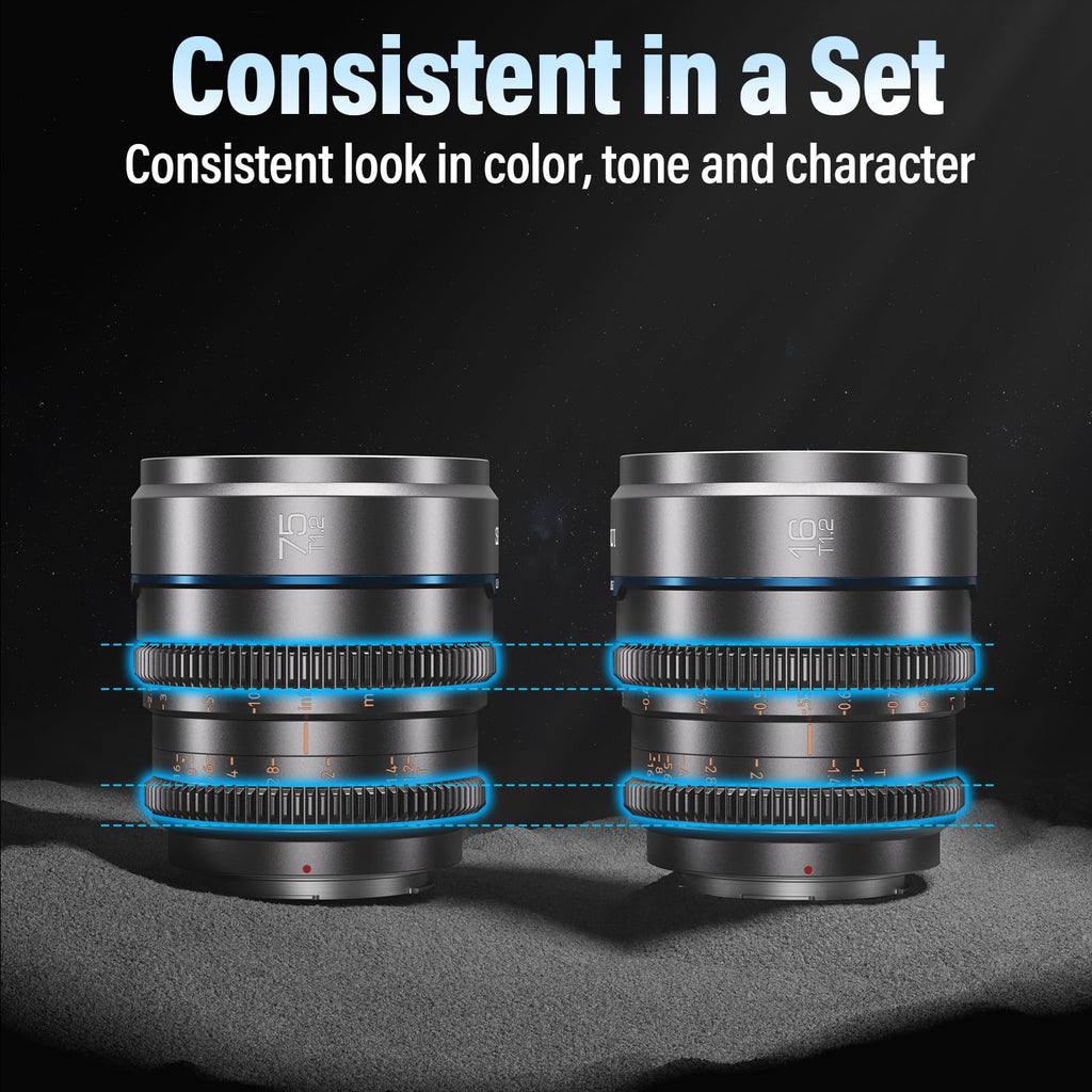 SIRUI Night Walker T1.2 Cine Lens Set, 16mm, 24mm, 35mm, 55mm, 75mm Large Aperture Manual Focus Lens (M4/3 Mount, Black)