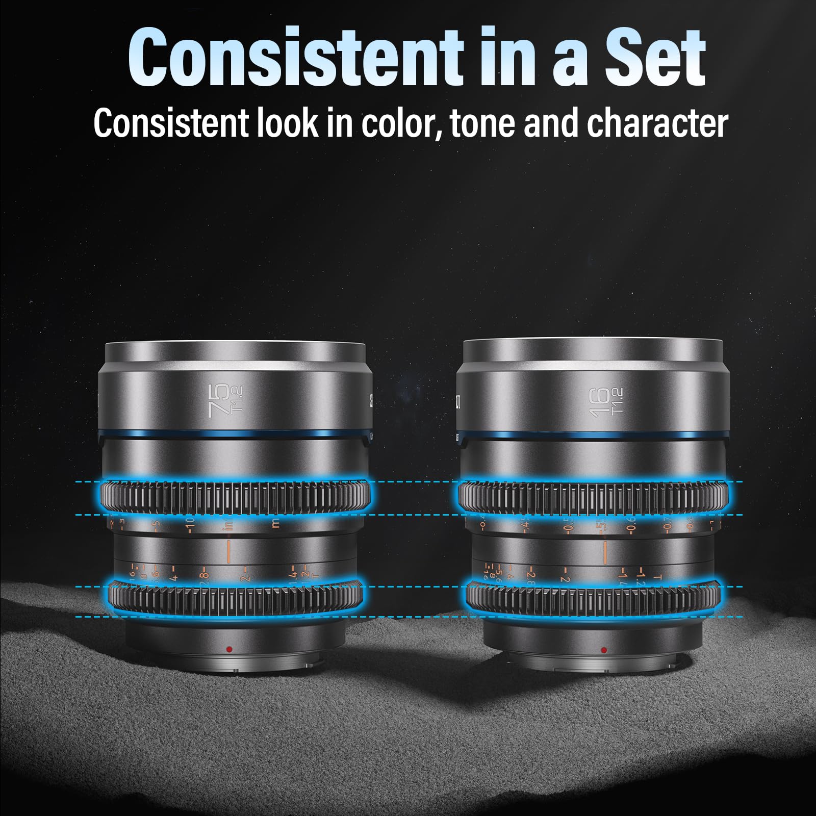 SIRUI Night Walker T1.2 Cine Lens Set, 16mm, 24mm, 35mm, 55mm, 75mm Large Aperture Manual Focus Lens (M4/3 Mount, Black)