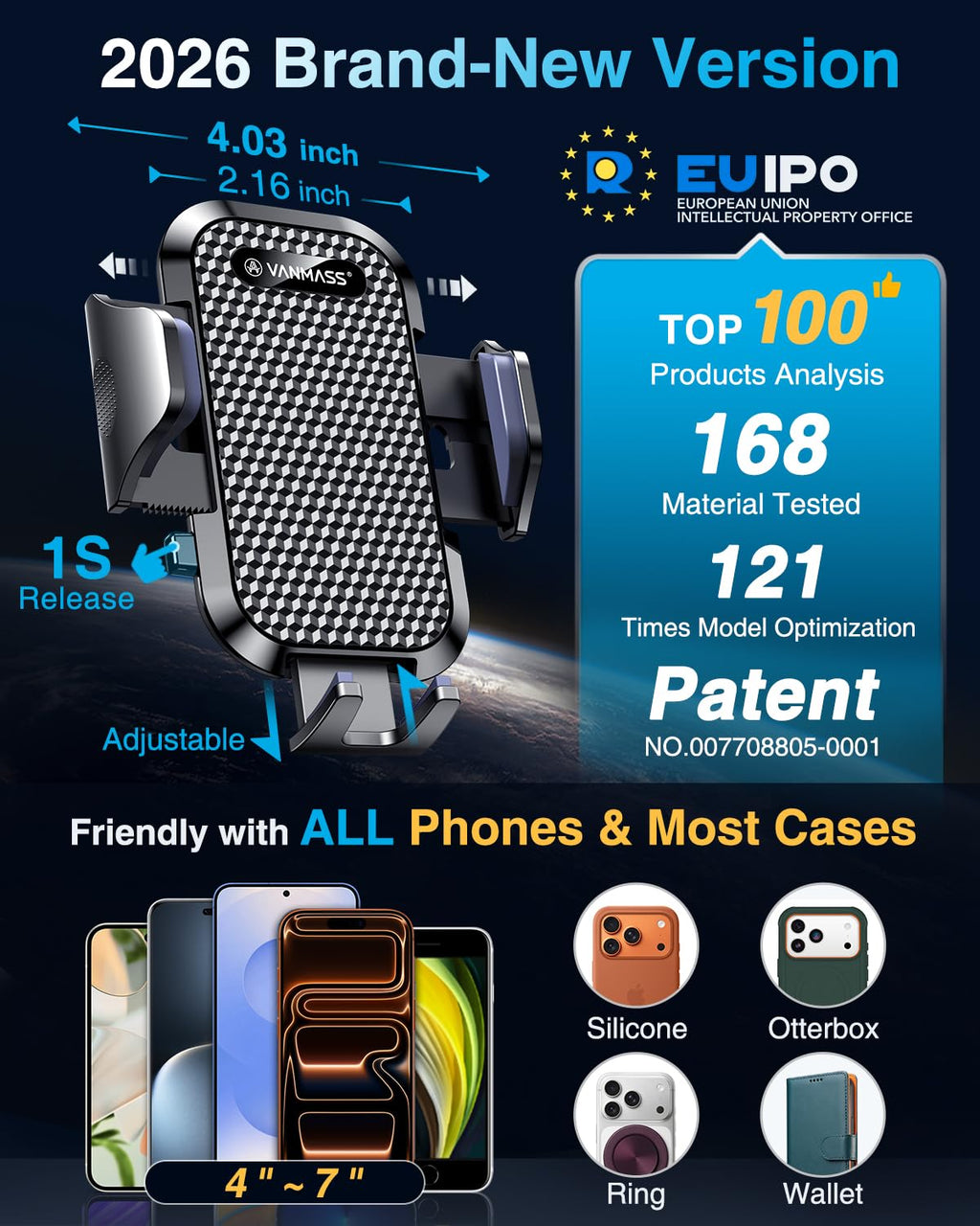 VANMASS [True Military-Grade] Car Phone Holder [Best Suction & Clip] Cell Phone Mount for Dashboard Windshield Vent Truck Cradle Dash Stand for iPhone 15 Pro Max 14 13 12 Android, Blue