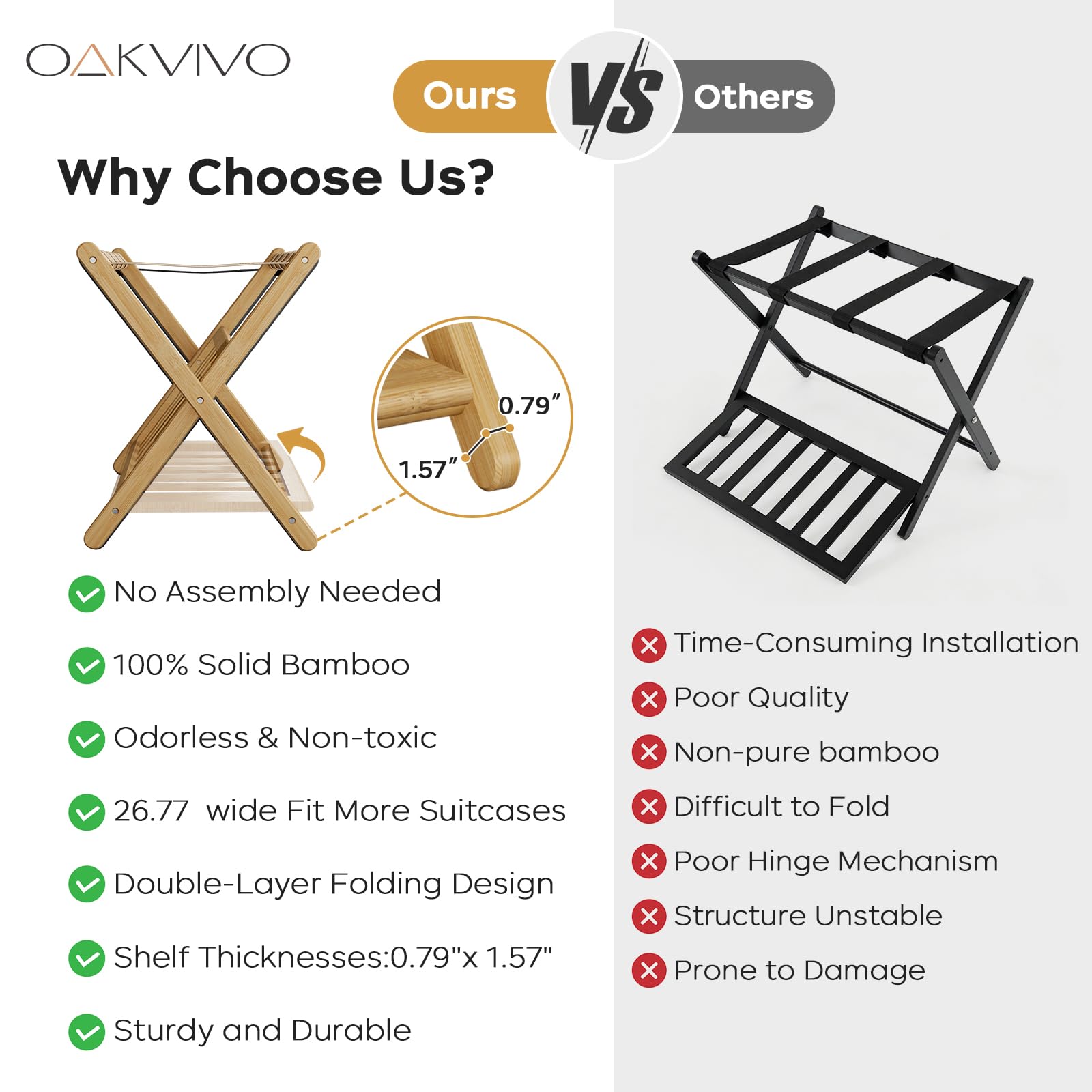 oakvivo Fully Assembled Black Luggage Rack for Guest Room, Bamboo Foldable Suitcase Stand with 5 Nylon Straps, Upgraded Luggage Rack Holder with Shelf for Bedroom Hotel, Holds up to 165 Lbs, 1pcs