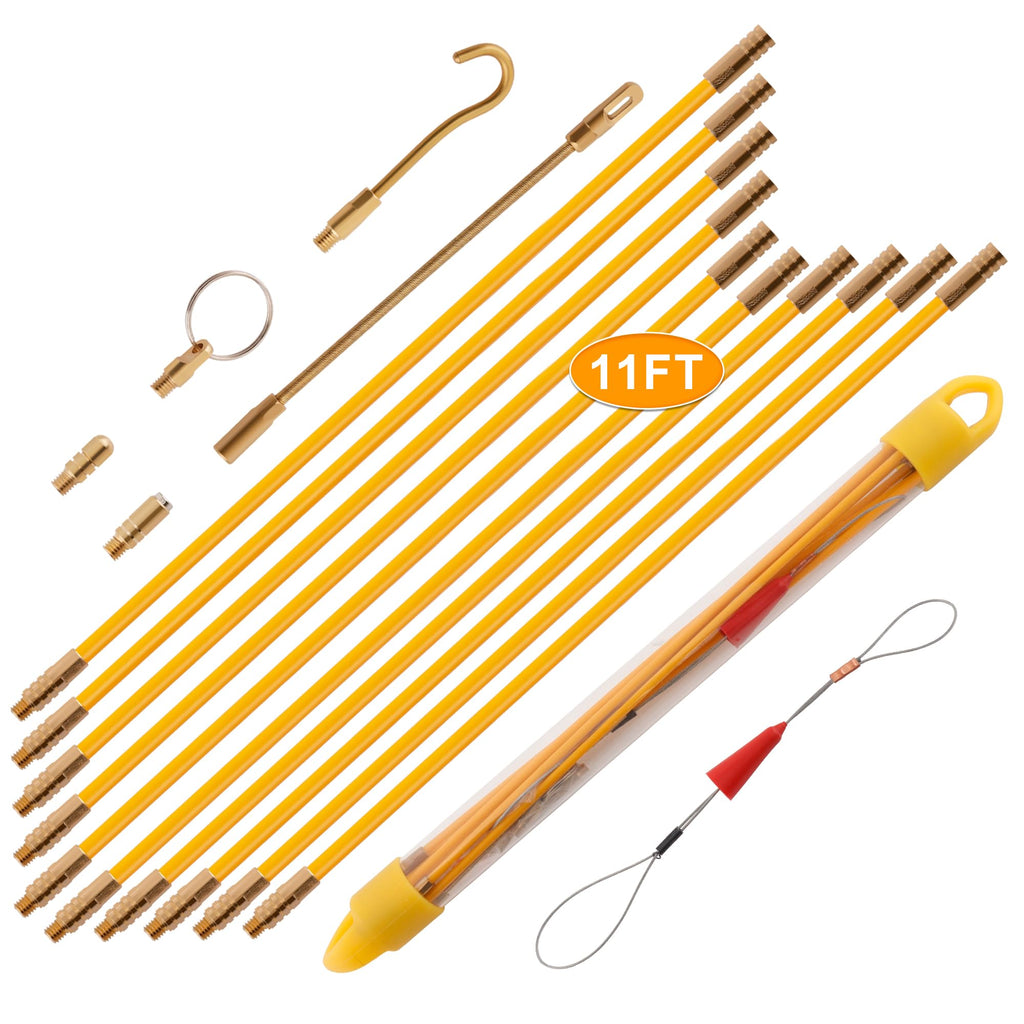 KOOTANS 11FT Fiberglass Running Electrical Wire Cable Glow Rods Wire Pulling Tools Fish Tape Cable Puller Through Wall Snake Fish Rods Kit with Different Attachments