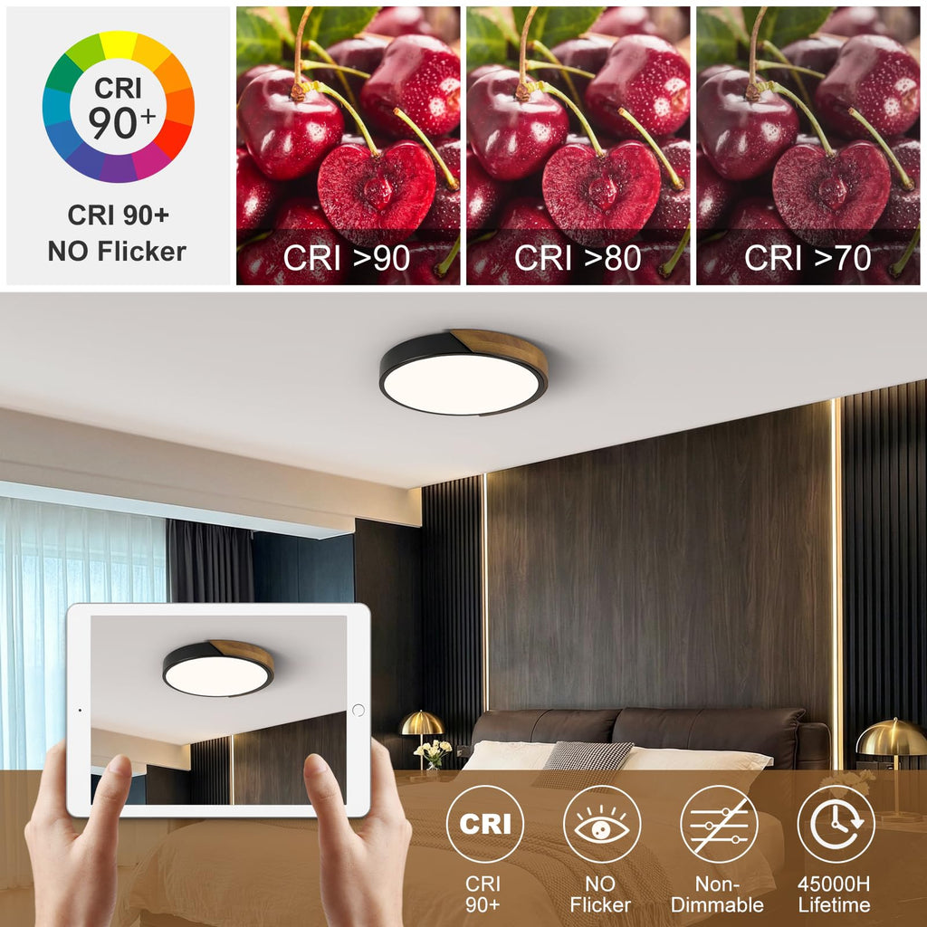 Modern LED Ceiling Light, Minimalist Wood Dimmable Flush Mount Ceiling Light Fixture, Round 5CCT Lighting Lamp with Acrylic Lampshade for Bedroom Hallway Kitchen Laundry, Black 11.8"