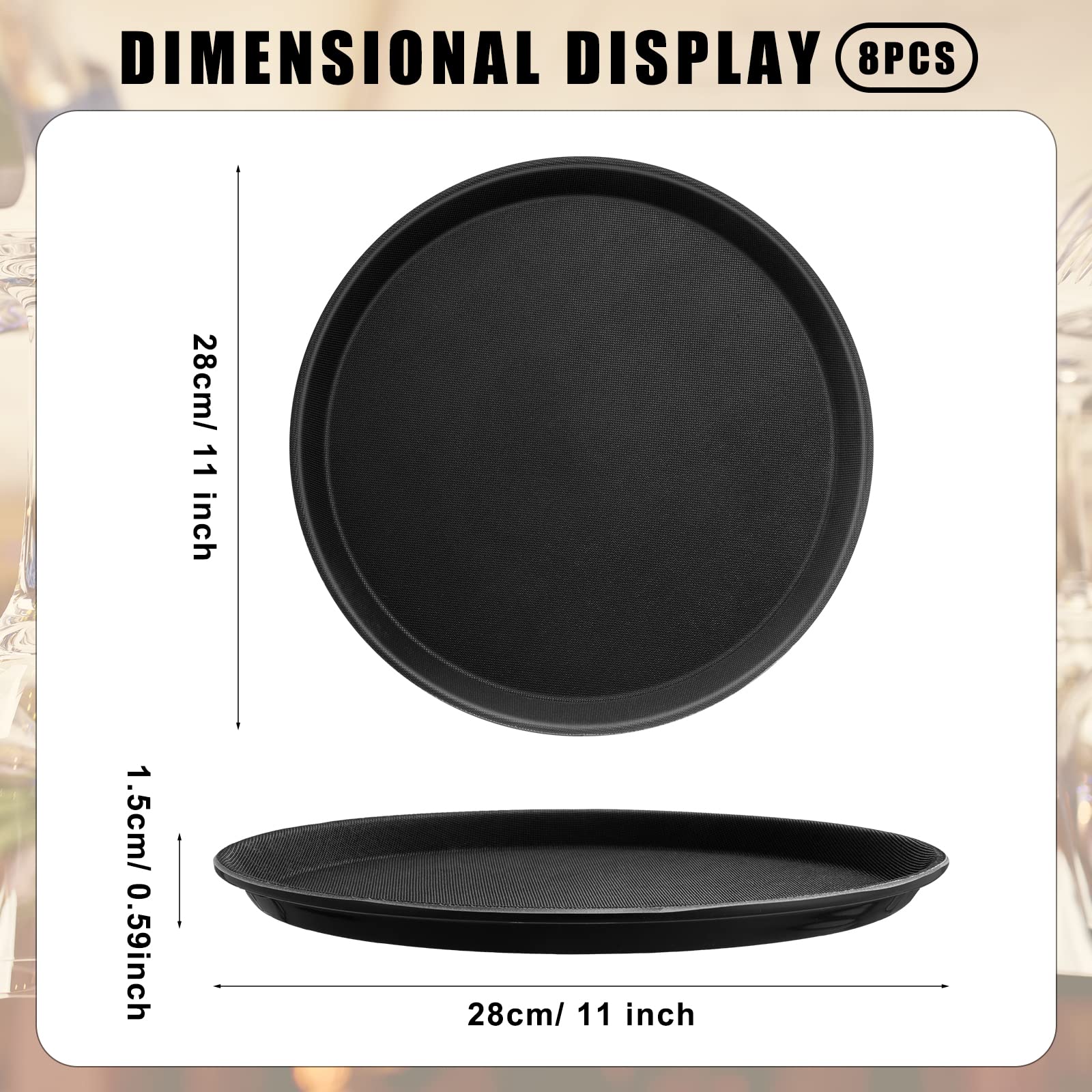 Zopeal 2 Pieces Black Round Restaurant Serving Tray, Plastic Non Slip Surface Food Meals Server Tray with Raised Edges for Home, Kitchen, Restaurant, Cafeteria, Bar (11")