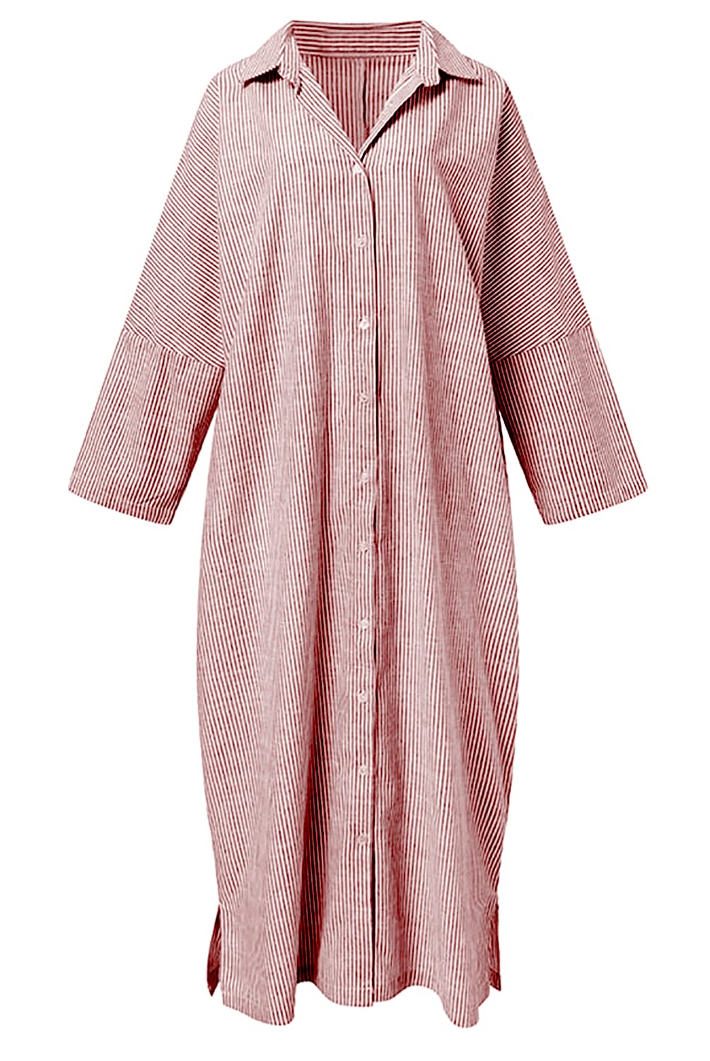 utcoco Womens Striped Long Sleeve Dress Casual Loose Button Down Cotton Maxi Shirt Dress