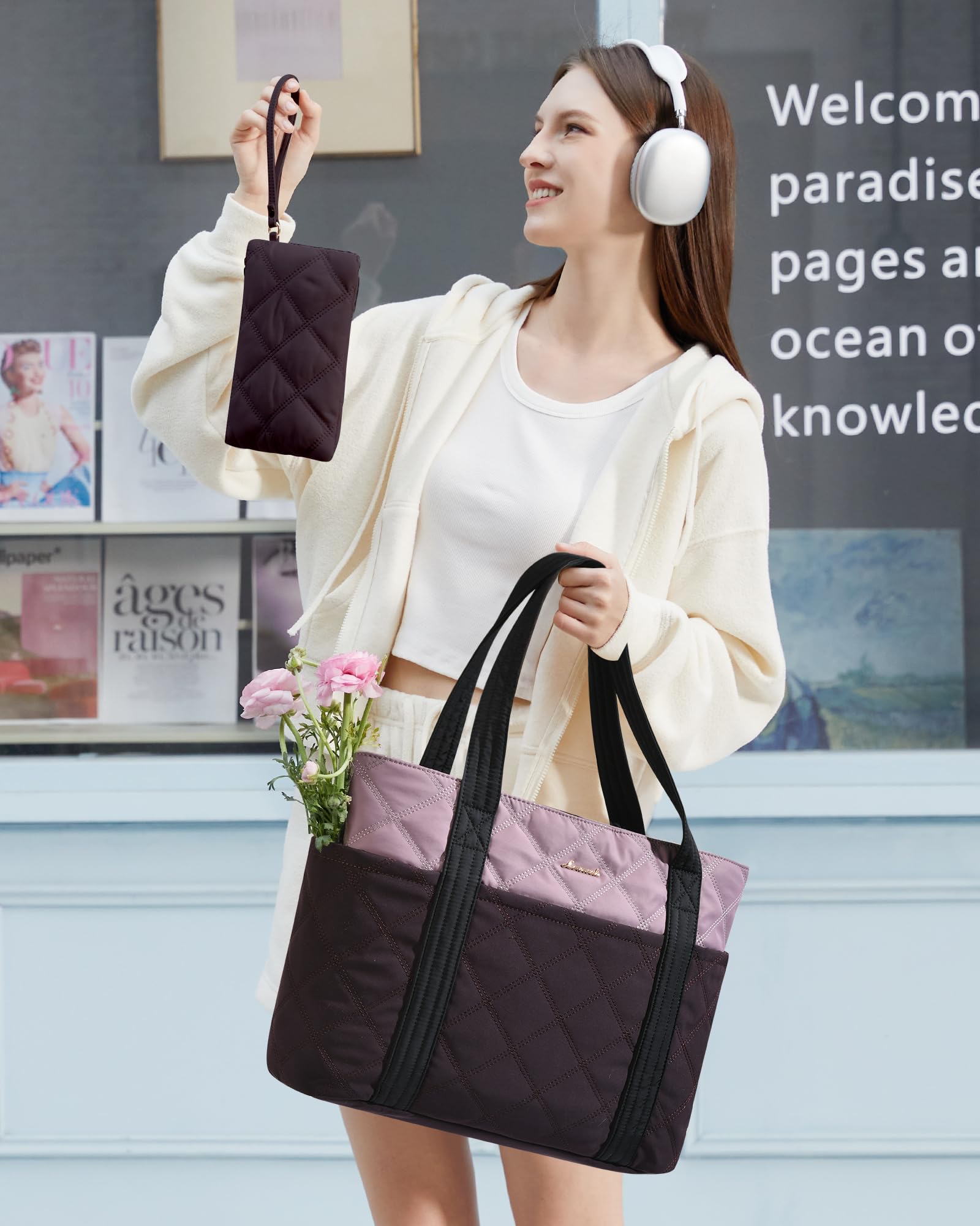LOVEVOOK Puffer Tote Bag for Women, Puffy Work Handbag with Cup Holder, Travel Carry On Bag with Zipper for Teacher Nurse Gym
