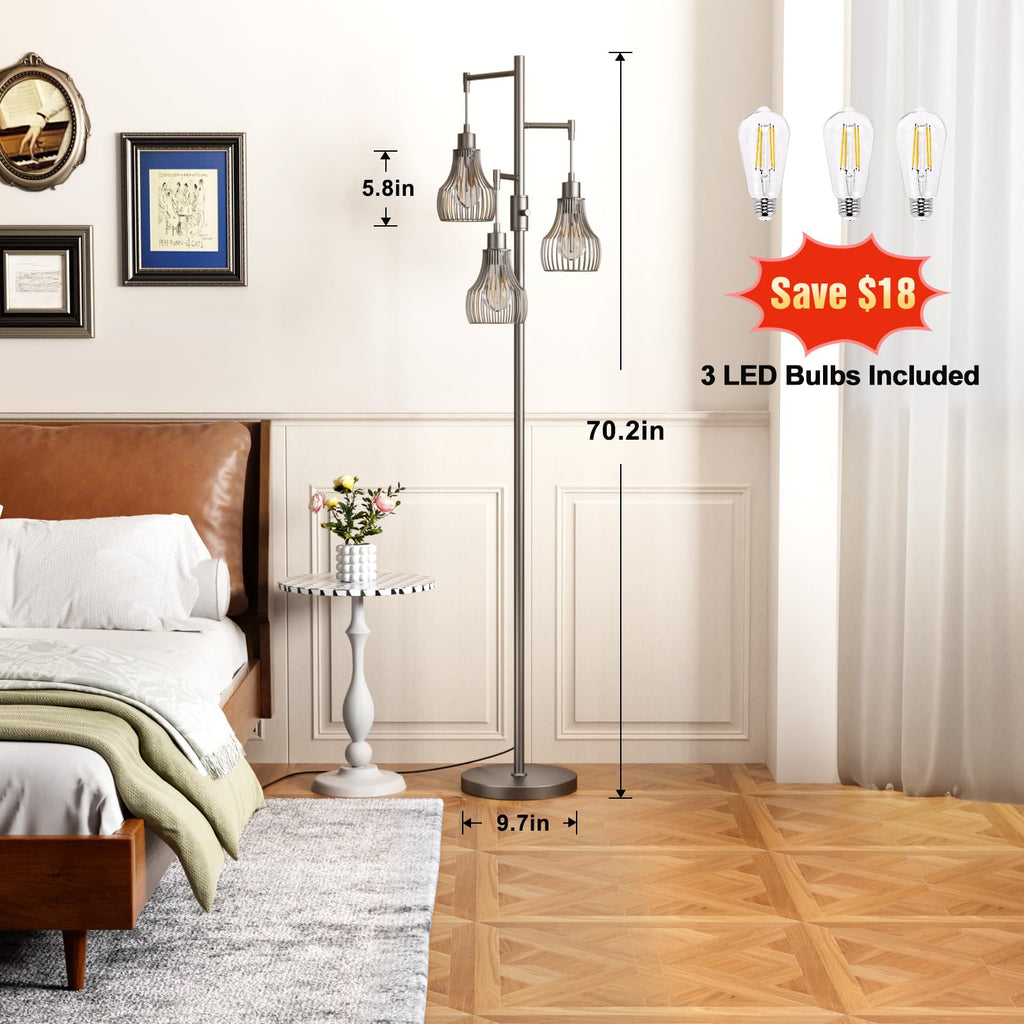 Ziisee Dimmable Floor Lamps for Living Room, Industrial Tree Standing Tall Lamps with 3 Elegant Cage Shade & 800 Lumens LED Bulbs for Bedroom Office - Brown