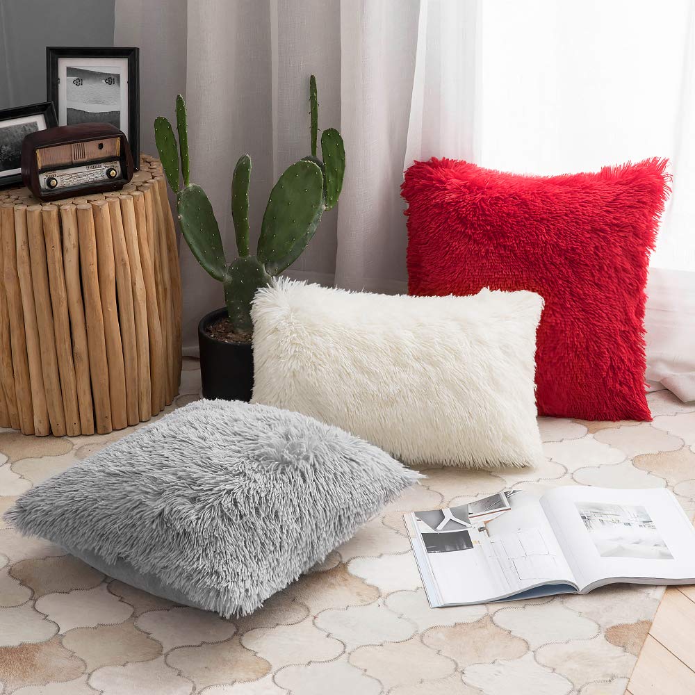 ANRODUO Pack of 2 Baby Pink Throw Pillow Covers Luxury Fluffy Pillows Faux Fur Decorative Pillows Plush Cushion Case Fuzzy Mongolian Merin Style for Bed Couch Sofa Living Room Summer Decor 16x16 Inch
