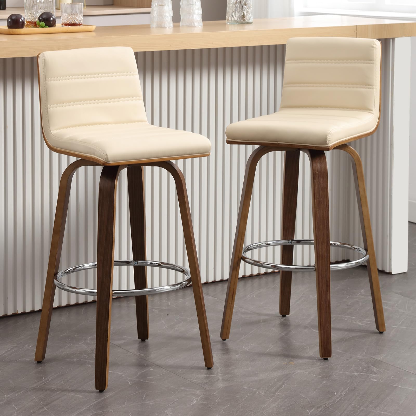 Bar Stools 29 Inch Bar Height, Swivel Bar Stools with Backs Upholstered PU Leather Barstool, L Shape Back and Padded Seat, Mid-Century Modern Bar Stool Pub Chairs for Kitchen Counter Island, Black