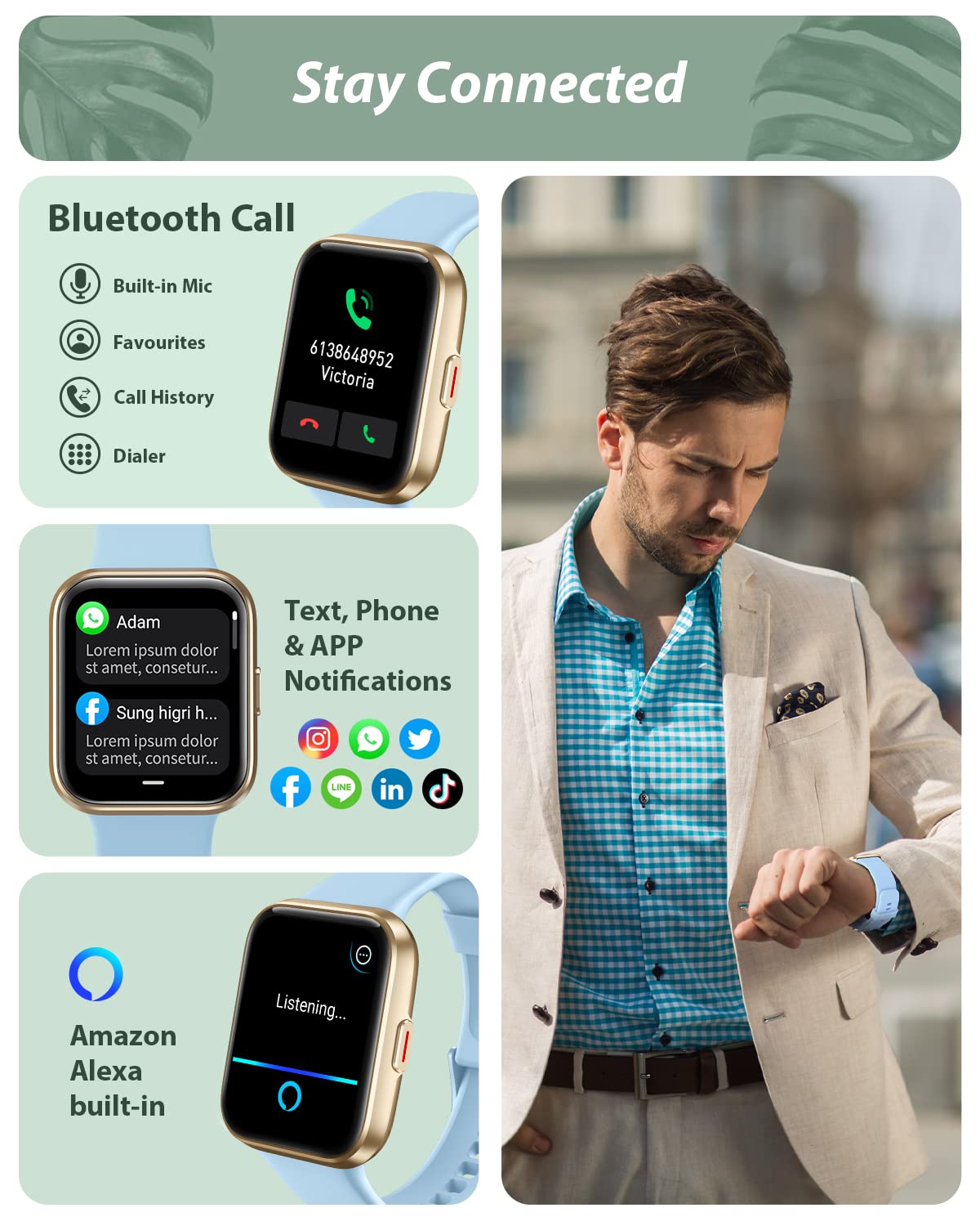 Tensky Smart Watch for Men/Women Android/iPhone/Samsung, Alexa Built-in, 1.8" Touch Screen Fitness Tracker with Answer/Make Calls, 3ATM Waterproof Heart Rate/Sleep/SpO2 Monitor, 120+ Sport Modes