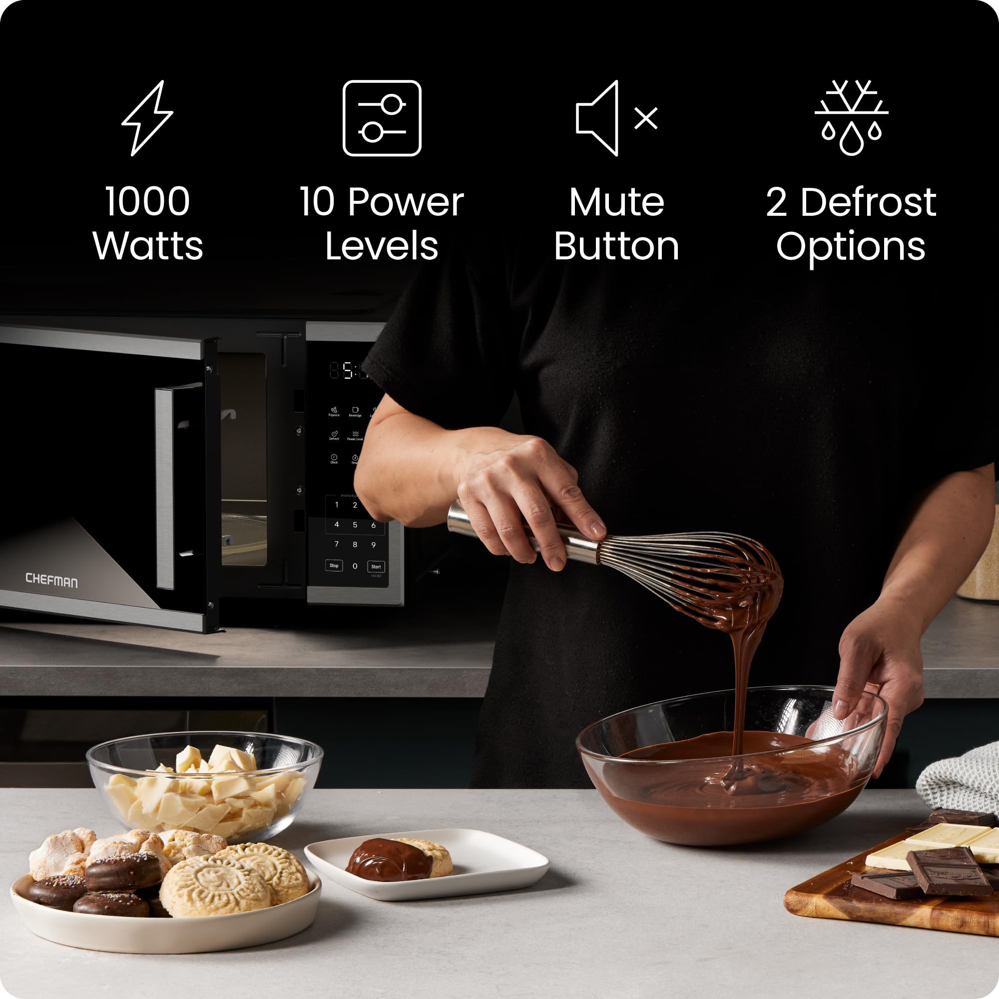 Chefman Compact Countertop Microwave Oven 0.7 Cu. Ft., 700W with 10 Power Levels, 3 Cooking Presets with One-Touch Express Cook, 2 Defrost Settings, Child Safety Lock, & Mute Button – Stainless Steel