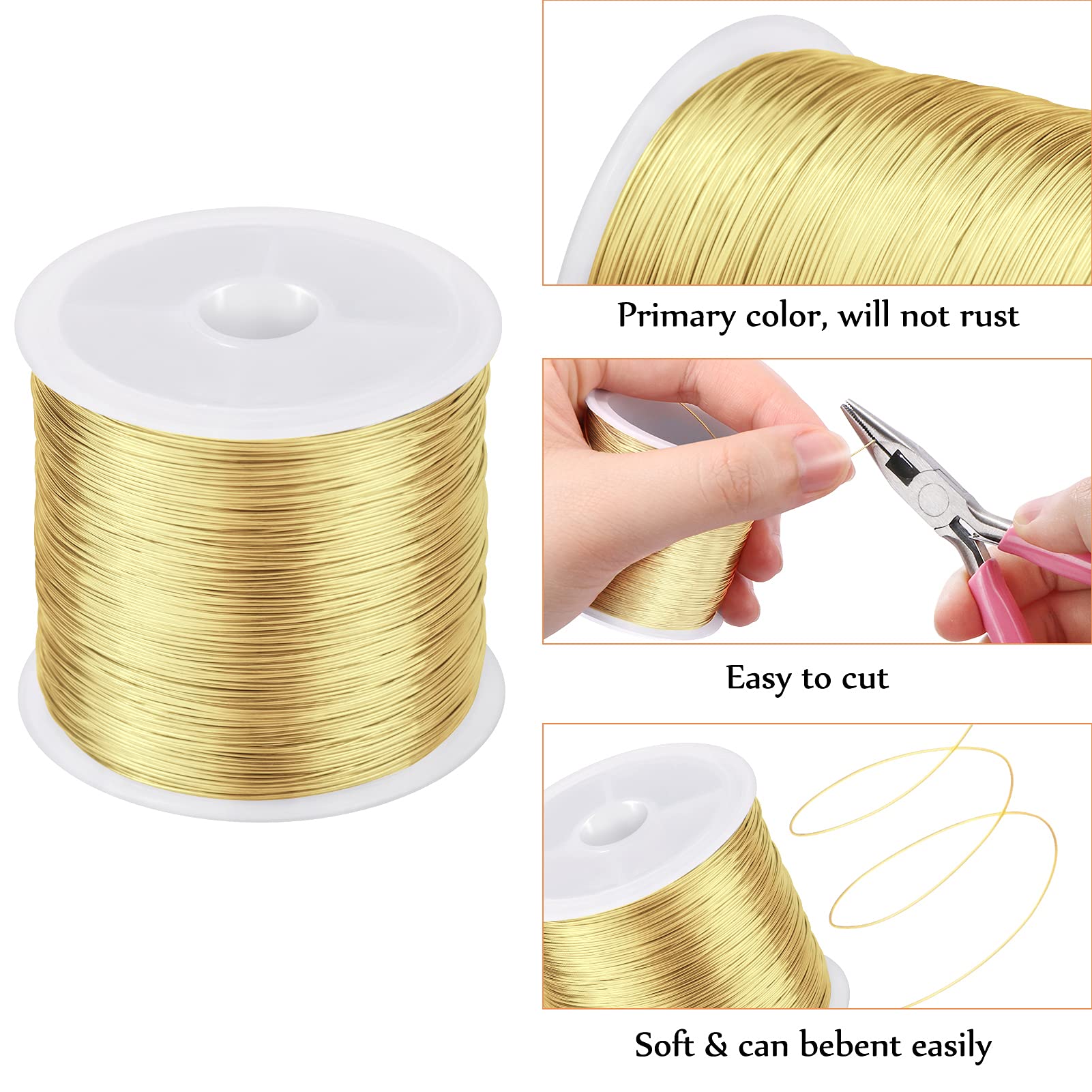 MIKIMIQI Jewelry Wire - 328Ft, 26 Gauge, Tarnish Resistant, Copper, 0.4mm X 100m (Gold)