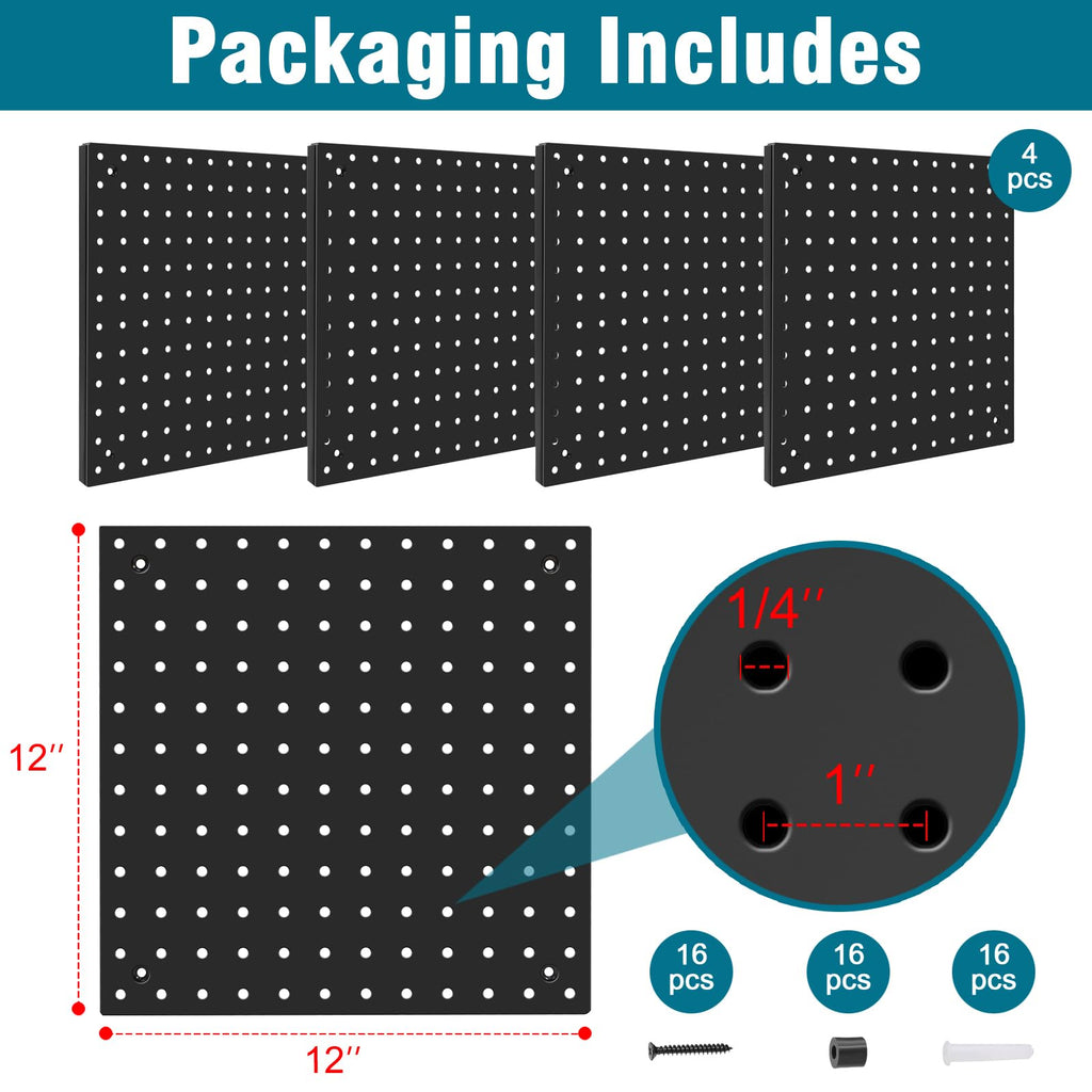 Peg Board,Steel Organization Panels, Ideal for Garage Tool Storage, Office Organization, Craft Room, Kitchen,Pack of 4 (Black, 4-12X12)
