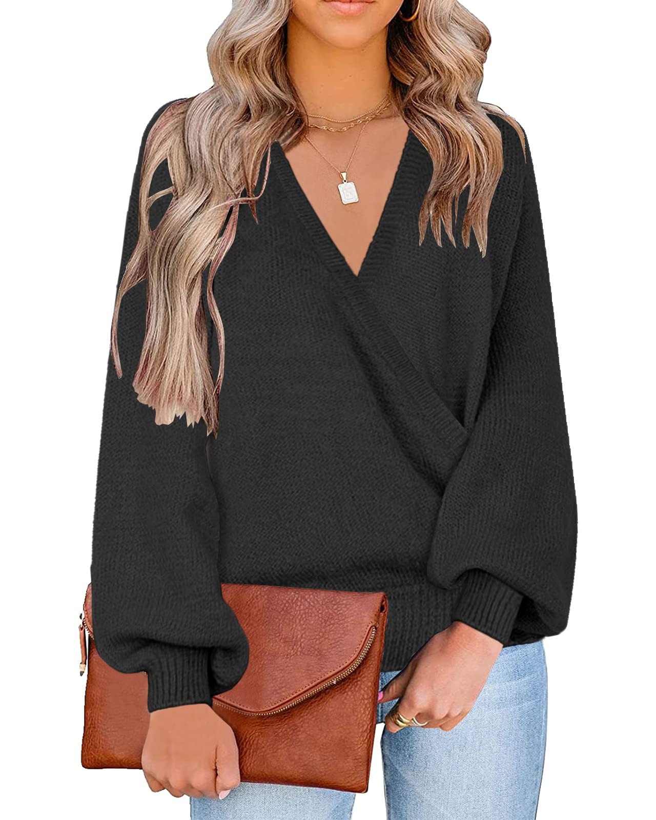 LookbookStore Women's Knit Long Sleeve Faux Wrap Surplice V Neck Sweater Top