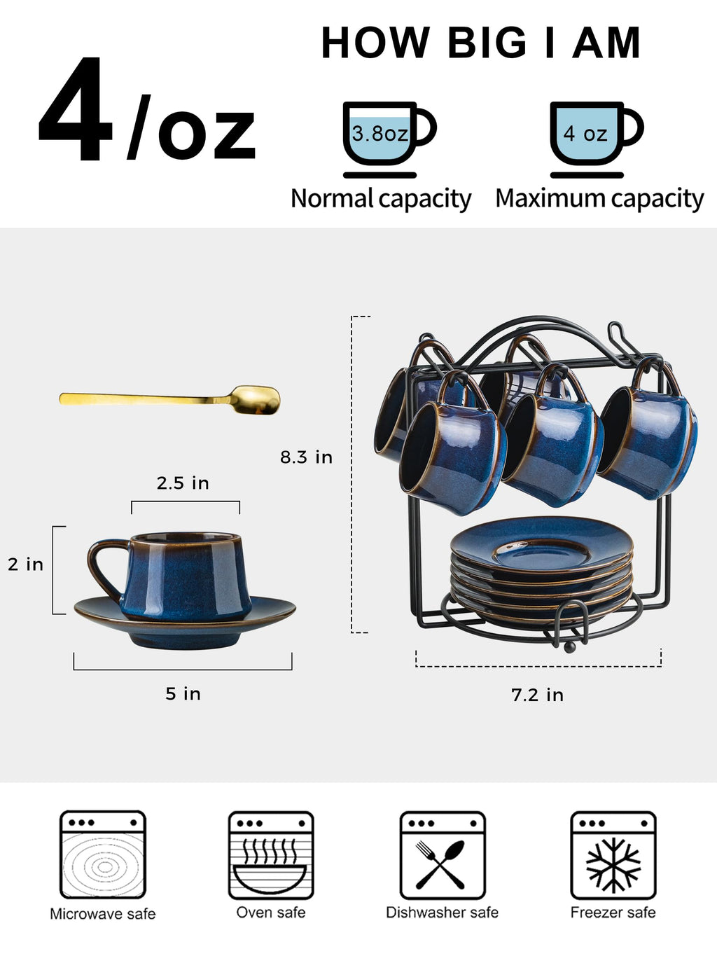YHOSSEUN Ceramic Espresso Cups Set of 6, 4 OZ Expresso Shots Cup with Stand, Saucers & Spoons, Small Coffee Cup Demitasse Cups for Father's Day, Espresso Accessories for Machine, Black