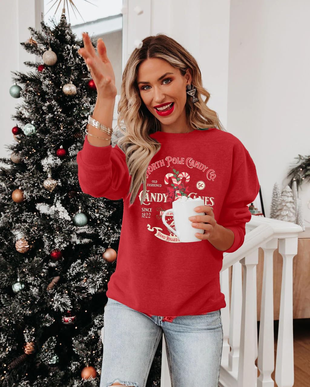 Christmas Sweatshirts Women Candy Canes Graphic Sweatshirt Vintage Xmas Long Sleeve Shirt Pullover Tops