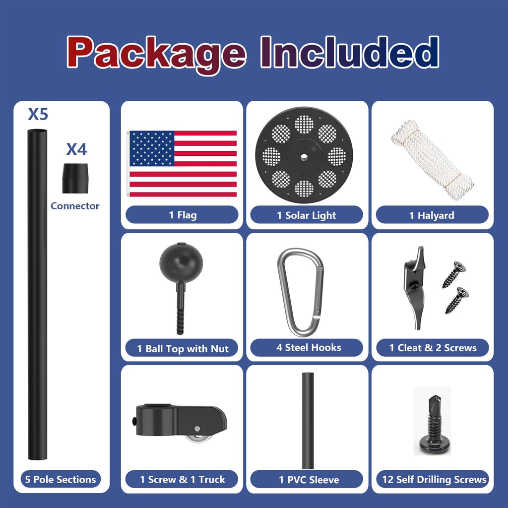 Upgraded 10 Gauge 20FT Heavy Duty Flag Pole Kit with 136 LED Solar Light, Extra Thick Flagpole for Outside House in Ground, Bottom 3 mm Thick & Width 3.35 in, 120MPH Wind Rated