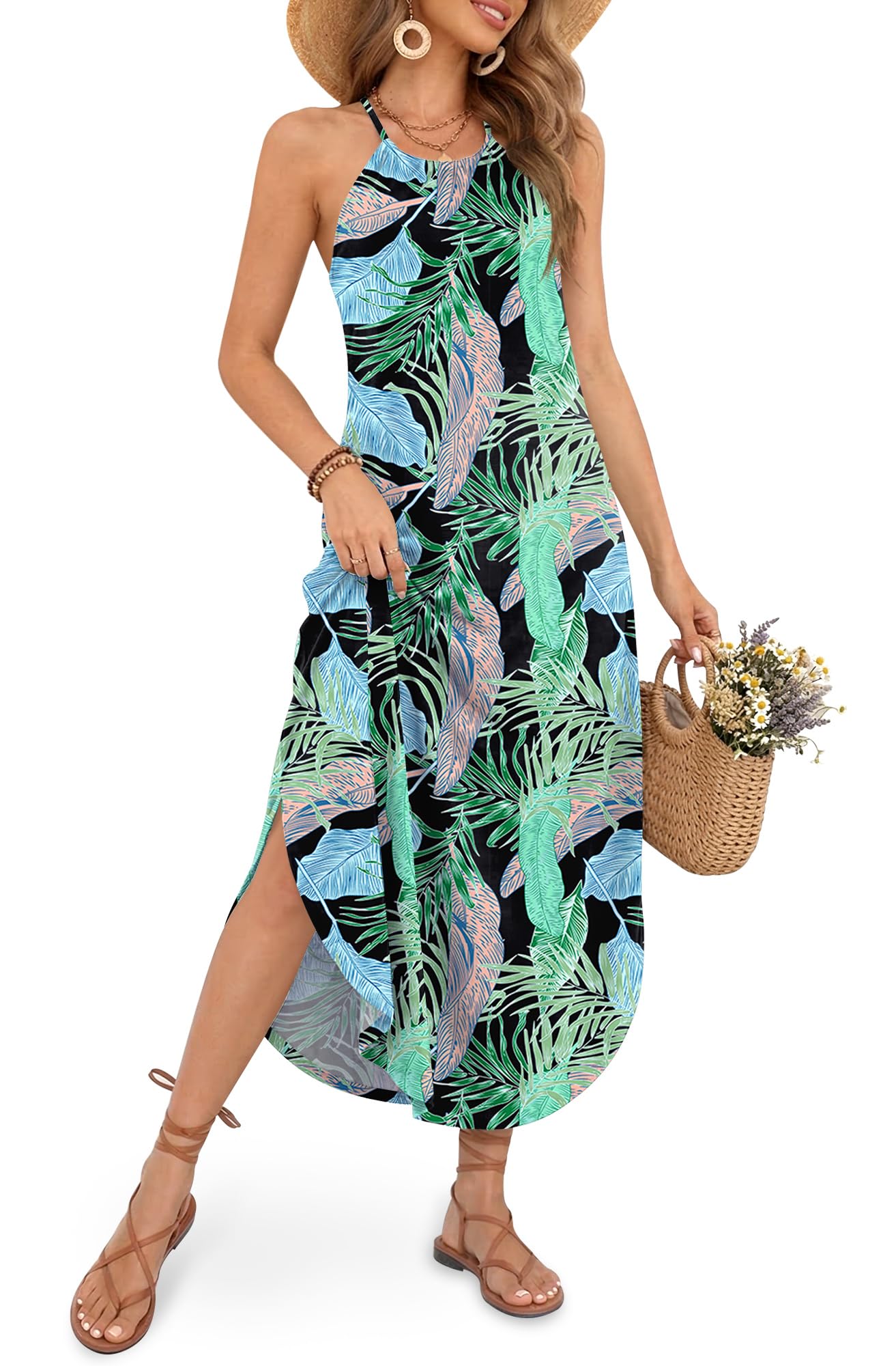 For G and PL Women's Summer Casual Halter Side Slit Maxi Beach Dress Resort Vacation Cruise Wear Sundress
